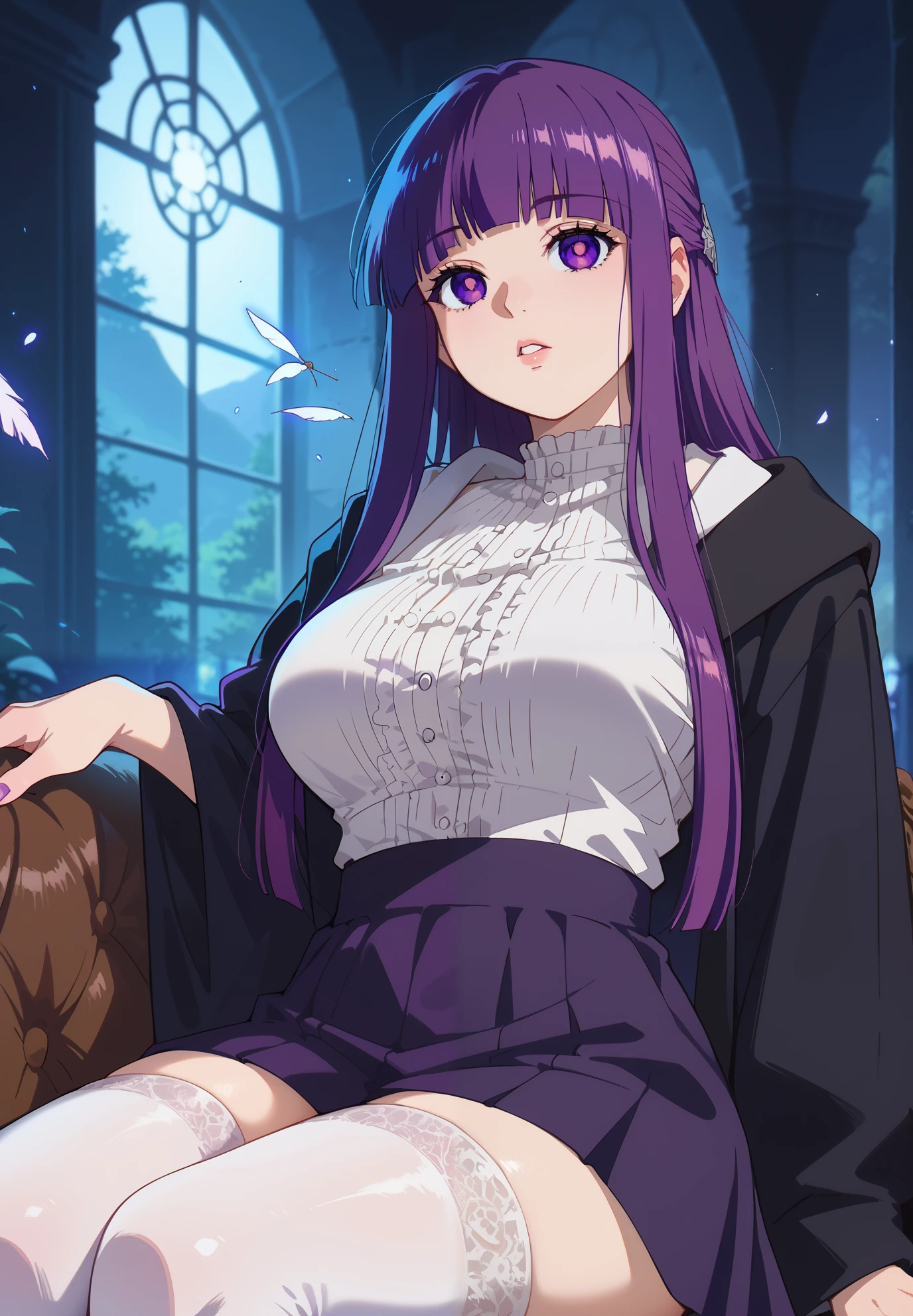 Made by melkor mancin, 1girl, Fern, long hair, bangs, purple eyes, purple hair, sidelocks, blunt bangs, bright pupils, half updo, large breasts, parted lips, thigh highs, white crop top, sitting on a couch, sexy pose, lustful, BREAK, night time, mountain cottage, cinematic lighting,