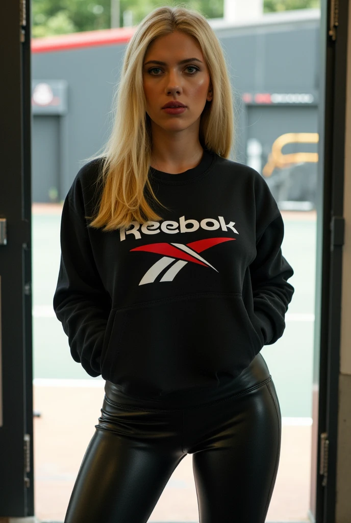 The image shows a young woman standing on a blue tennis court. She is wearing a black crop top with a white logo on the front and black leggings. She has blonde hair styled in loose waves and is holding a tennis racket in her right hand. The woman is looking directly at the camera with a serious expression on her face. The background shows a concrete wall and a tree.