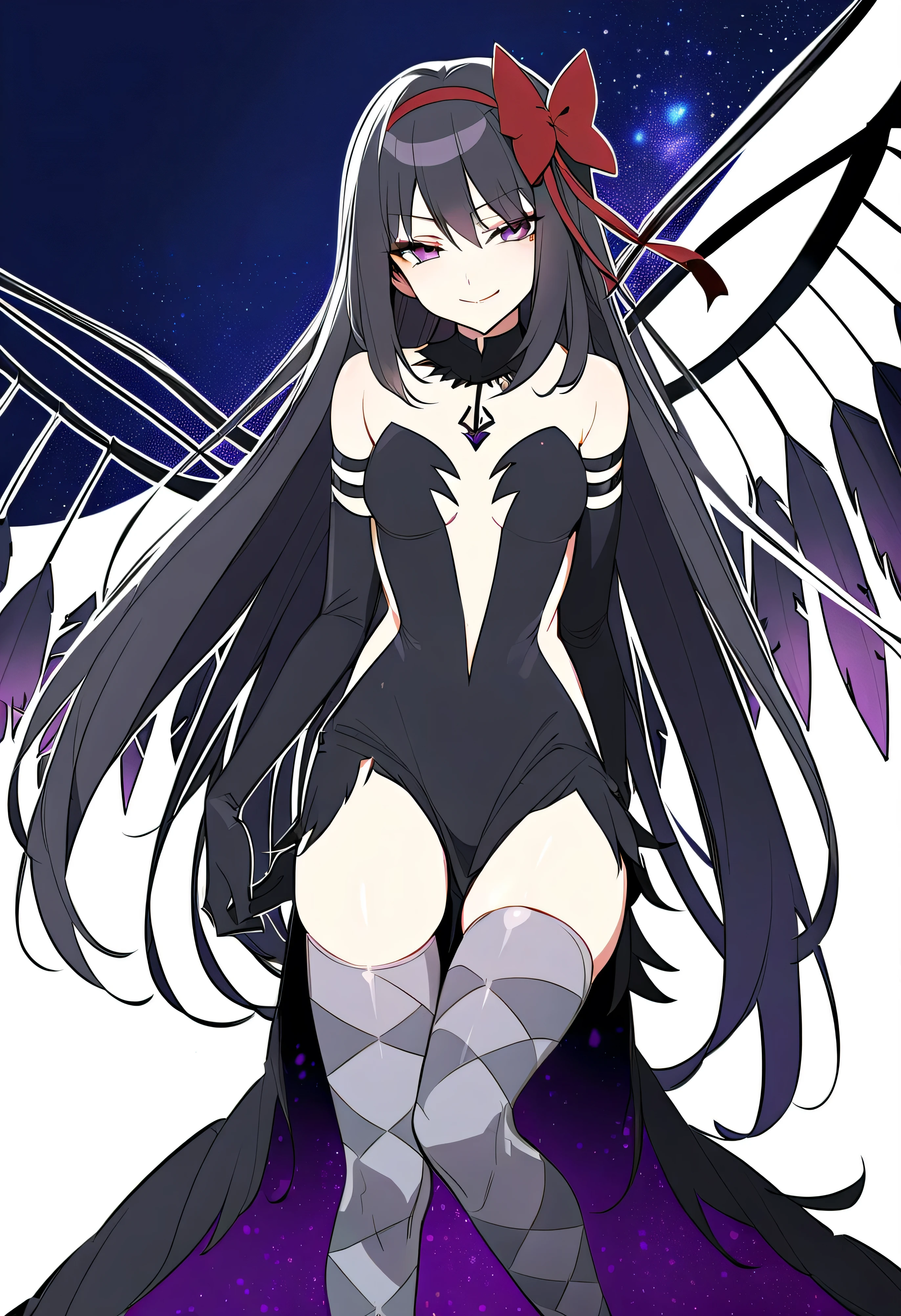 1girl, akuma homura, solo, long hair, wings, gloves, elbow gloves, black hair, smile, purple eyes, thighhighs, black gloves, argyle legwear, argyle, bare shoulders, looking at viewer, dress, soul gem, hair bow, bow, choker, feathered wings, white background, zettai ryouiki, simple background, black wings, masterpiece, best quality, late, evil smile,shaded