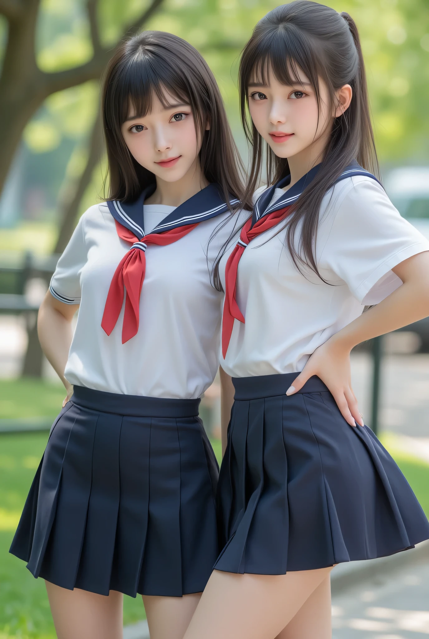 Best Quality, Professional Photography, Generates exceptional detail down to the smallest detail, Reproduced in ultra-high resolution of 32K, ultra-high quality, capturing every detail with great clarity. Two Japanese high school women, in high school uniform, Pleated mini skirt, with a smile. park,