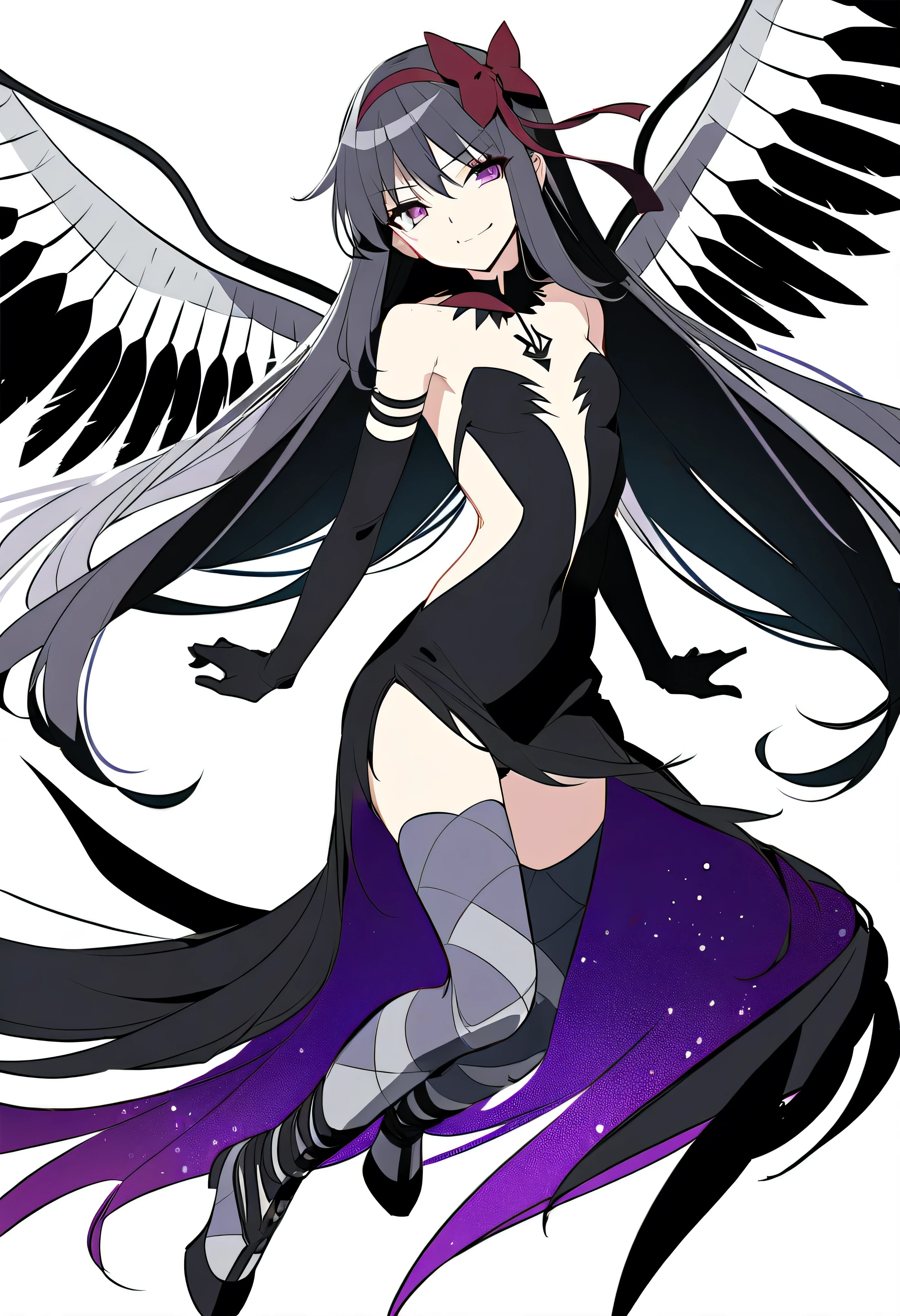 1girl, akuma homura, solo, long hair, wings, gloves, elbow gloves, black hair, smile, purple eyes, thighhighs, black gloves, argyle legwear, argyle, bare shoulders, looking at viewer, dress, soul gem, hair bow, bow, choker, feathered wings, white background, zettai ryouiki, simple background, black wings, masterpiece, best quality, late, evil smile,shaded