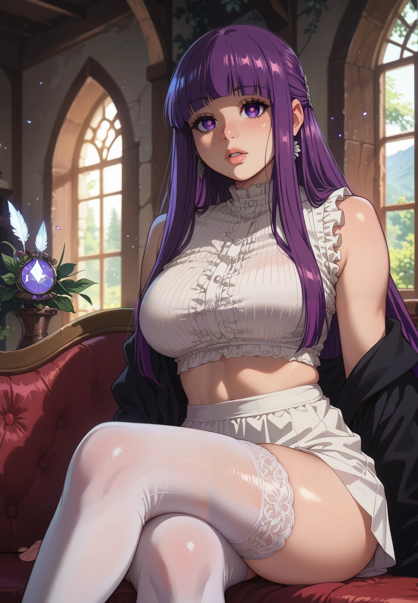 Made by melkor mancin, 1girl, Fern, long hair, bangs, purple eyes, purple hair, sidelocks, blunt bangs, bright pupils, half updo, large breasts, parted lips, thigh highs, white crop top, sitting on a couch, sexy pose, lustful, BREAK, night time, mountain cottage, cinematic lighting,