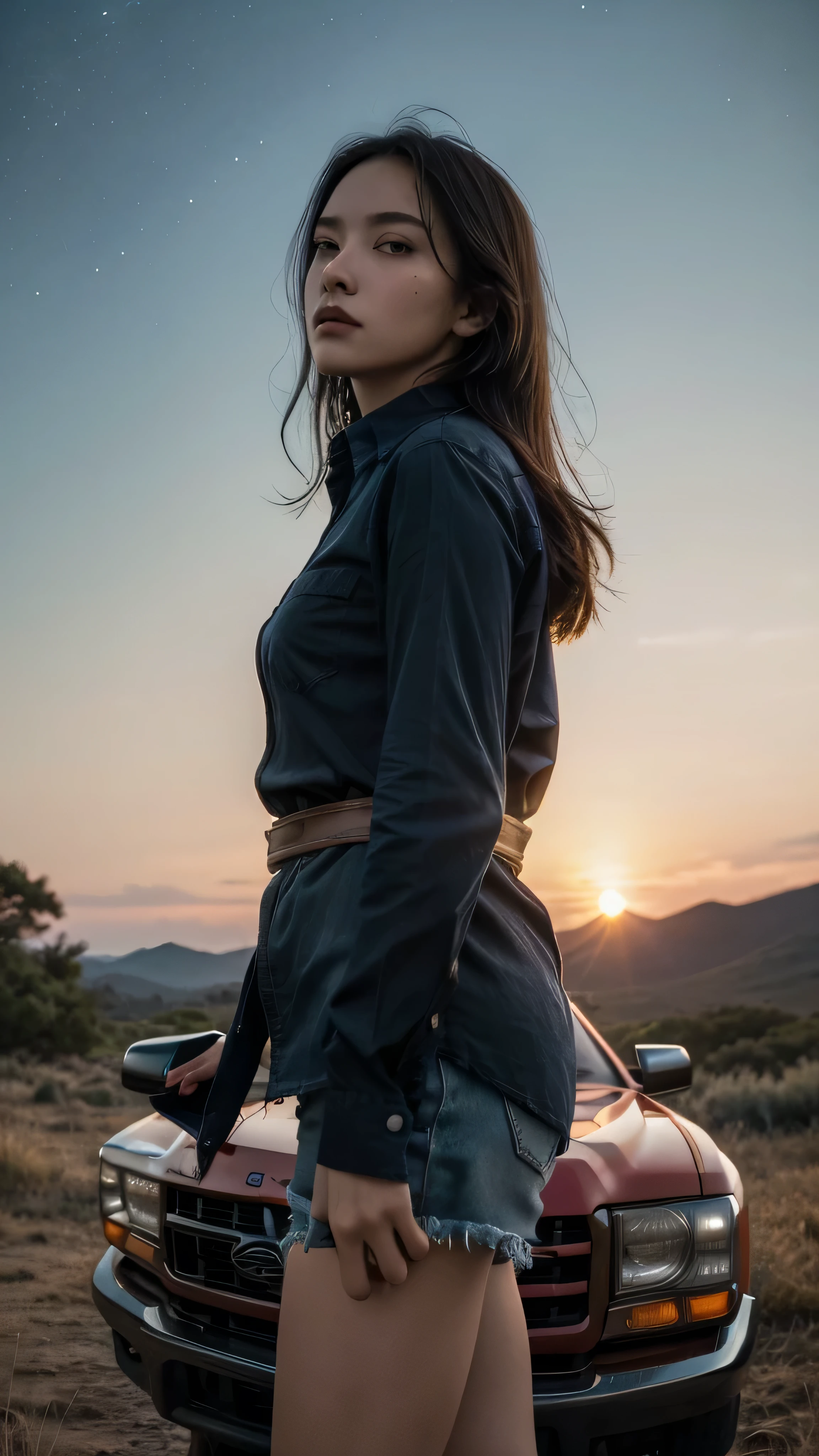 night sky with a view of the Milky Way galaxy , A beautiful woman is standing in a dark blue cotton shirt {x} Outdoor wilderness ,Face detail Beautiful woman in cotton shirt , View from below , photos, ( Golden Hour ), perfect eyes, perfect hand, carvilinear , super detailed skin、Hands only, Interrupt , Deep Shadow, 8k, dslr , standing outdoors in the wilderness with a red pickup truck in the background 。