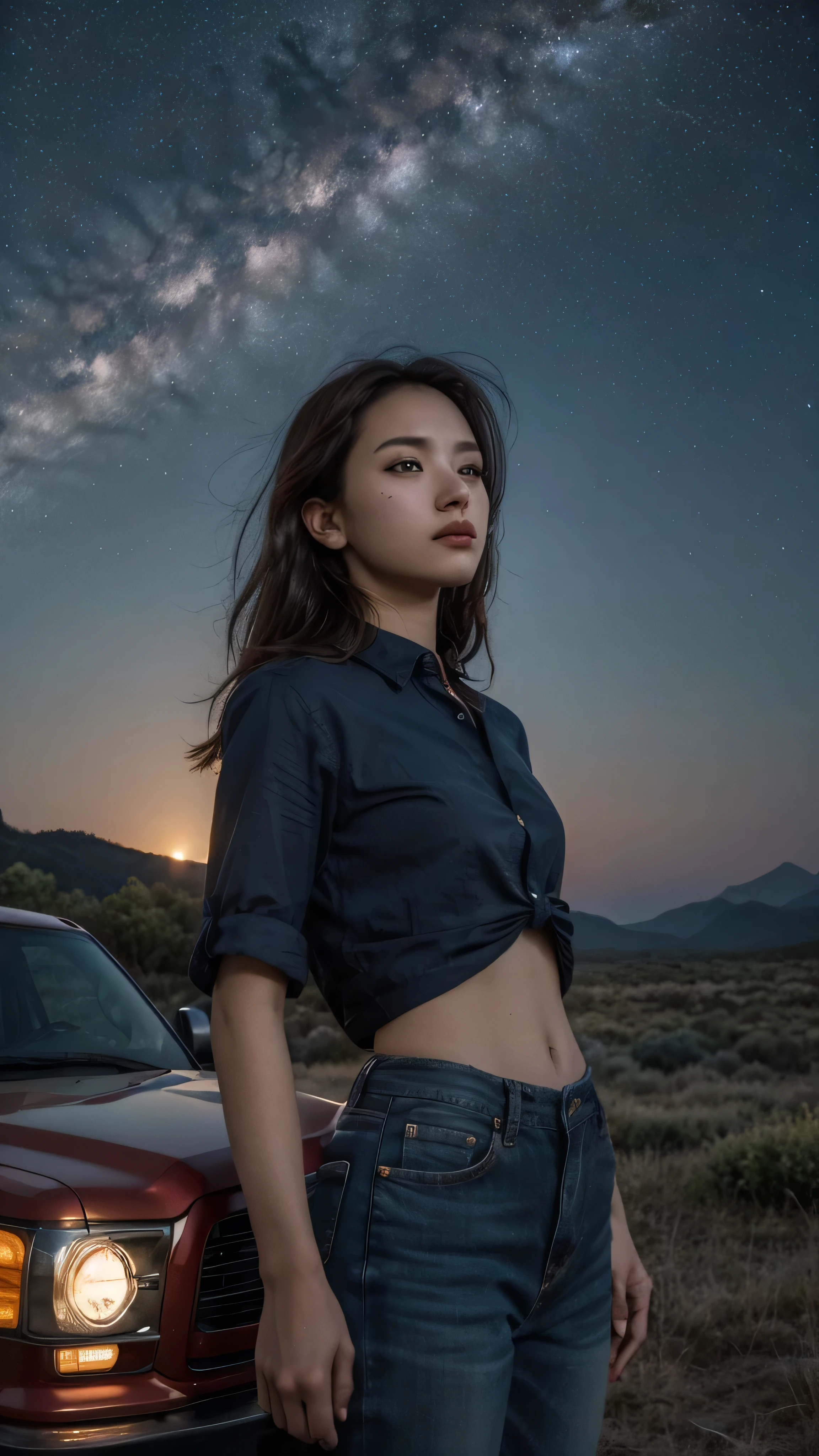night sky with a view of the Milky Way galaxy , A beautiful woman is standing in a dark blue cotton shirt {x} Outdoor wilderness ,Face detail Beautiful woman in cotton shirt , View from below , photos, ( Golden Hour ), perfect eyes, perfect hand, carvilinear , super detailed skin、Hands only, Interrupt , Deep Shadow, 8k, dslr , standing outdoors in the wilderness with a red pickup truck in the background 。