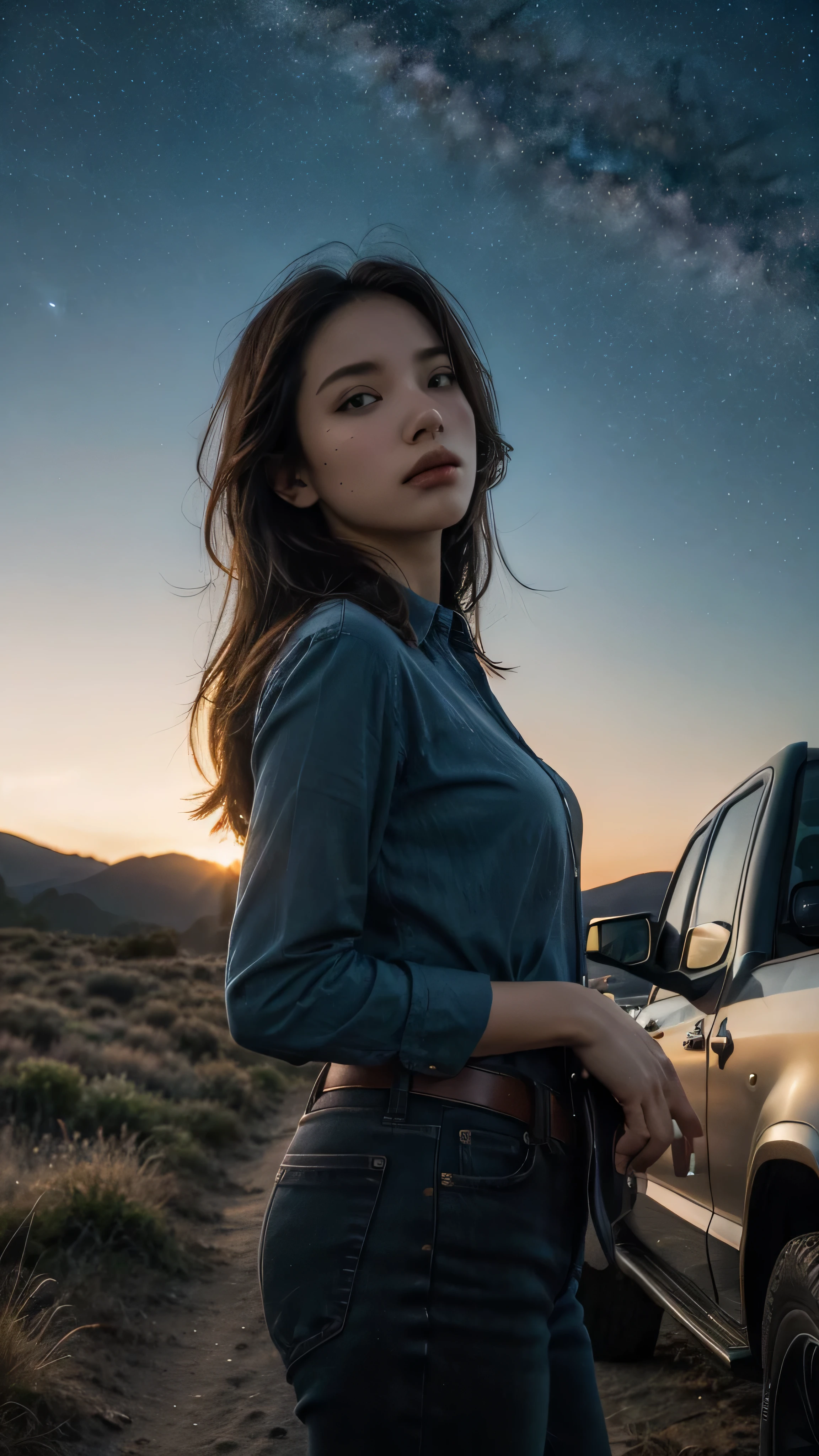 night sky with a view of the Milky Way galaxy , A beautiful woman is standing in a dark blue cotton shirt {x} Outdoor wilderness ,Face detail Beautiful woman in cotton shirt , View from below , photos, ( Golden Hour ), perfect eyes, perfect hand, carvilinear , super detailed skin、Hands only, Interrupt , Deep Shadow, 8k, dslr , standing outdoors in the wilderness with a red pickup truck in the background 。