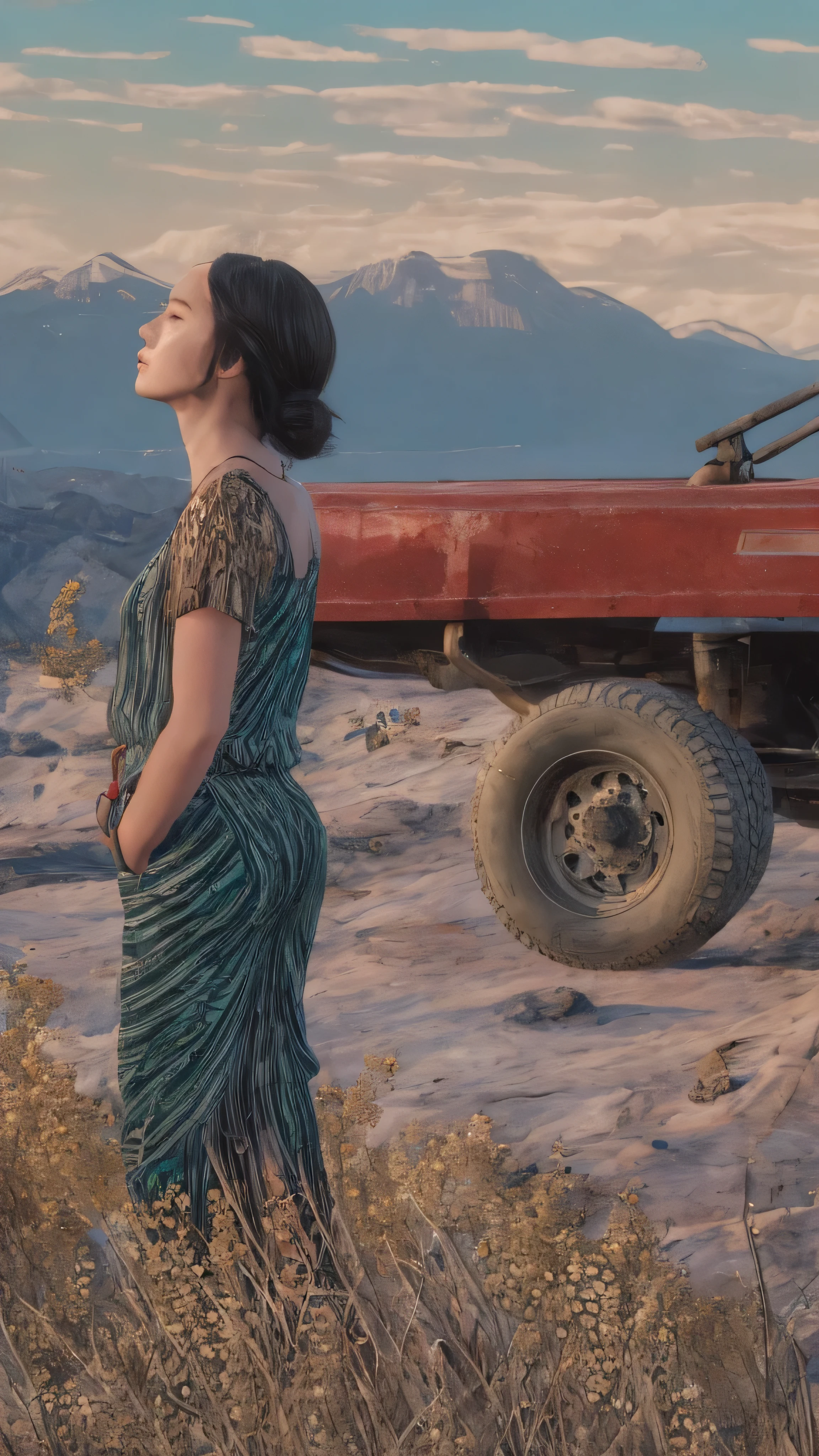Painting of a woman in a green dress standing in front of a red truck ...