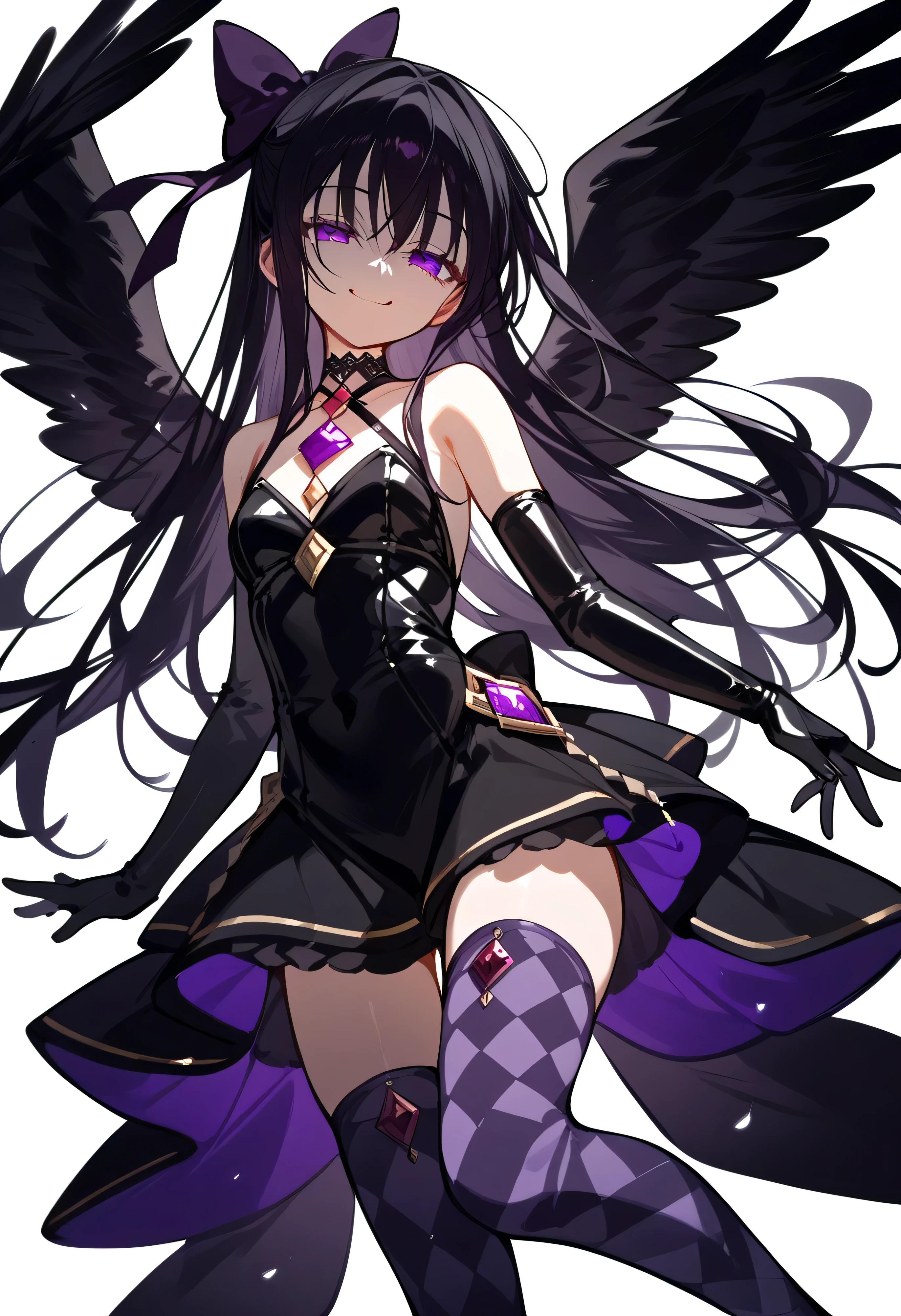 1girl, akuma homura, solo, long hair, wings, gloves, elbow gloves, black hair, smile, purple eyes, thighhighs, black gloves, argyle legwear, argyle, bare shoulders, looking at viewer, dress, soul gem, hair bow, bow, choker, feathered wings, white background, zettai ryouiki, simple background, black wings, masterpiece, best quality, late, evil smile,shaded face(eyes in shadow),latex