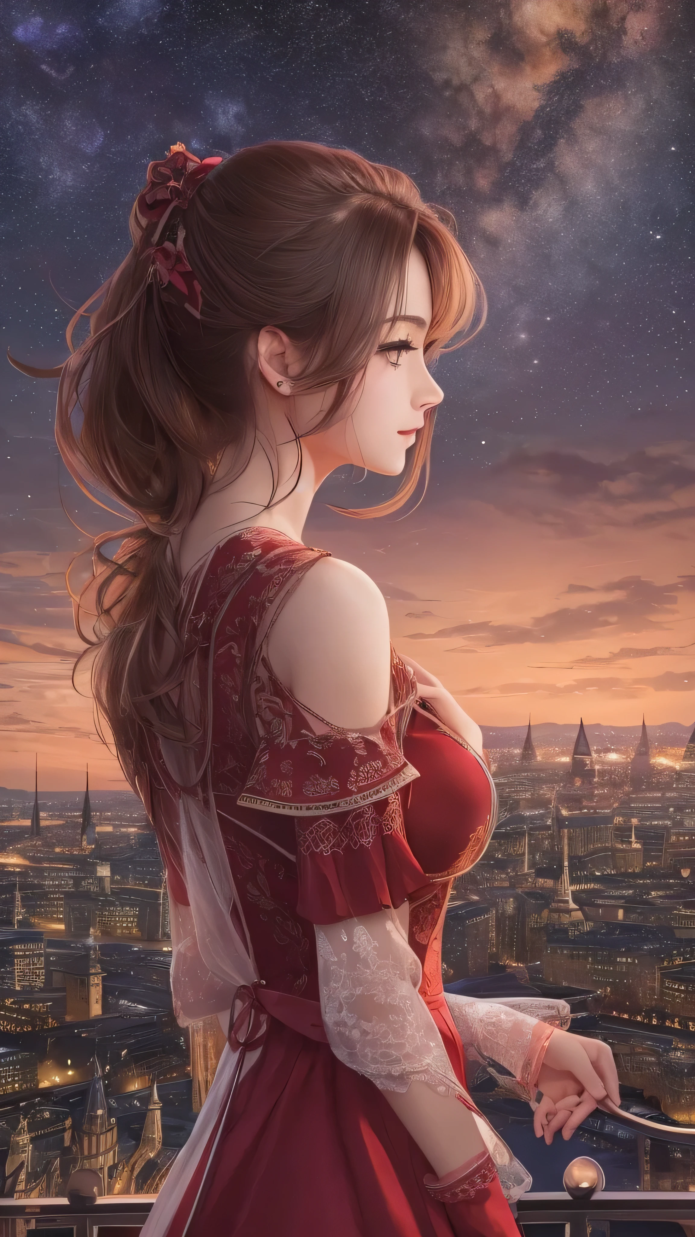 in high-definition images、 night sky with a view of the Milky Way galaxy ,oil、 Daughter of famous medieval European families, top quality , shape, very well detailed, finely, high res, 8k Wallpaper, perfect dynamic shape , beautiful and delicate eyes, natural lips , long eyelashes, heavy makeup, smile, I'm going to take a picture of her in a red dress , facial details , chest, random poses, whole body、High-definition pictures of the whole body、 camera 、I'm going to take a picture of the back of a sexy red dress 、 A background with a view of the medieval London cityscape 。