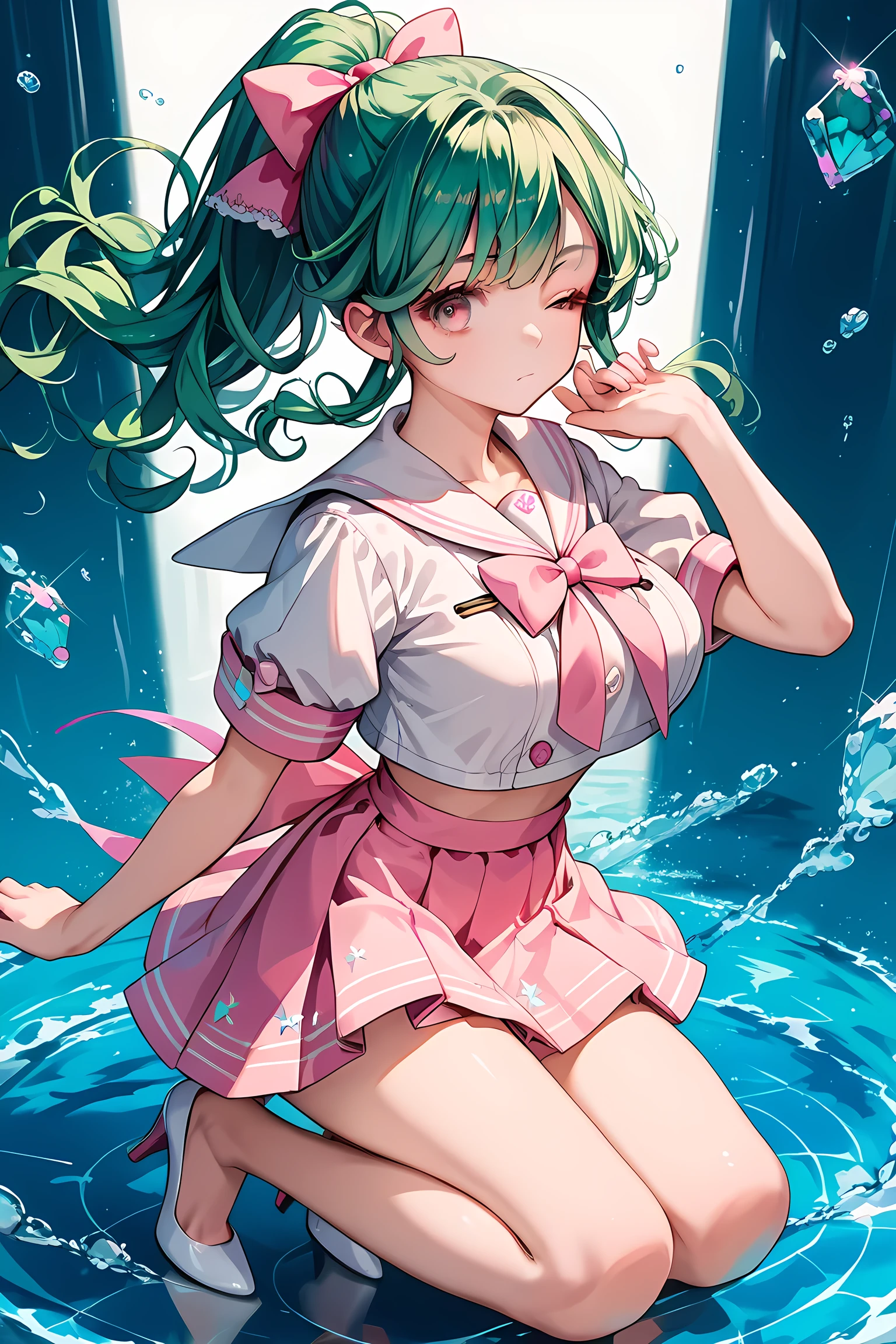 score_9, score_8_up , score_7_up ,source_anime,1cute girl, EMERALD hair,  pattern ,ponytail pink ribbon, expressionless, ,  cute white sailor suit with pink lines, mini skirt, pink eyes,one eye closed, white high heels,Weather showers