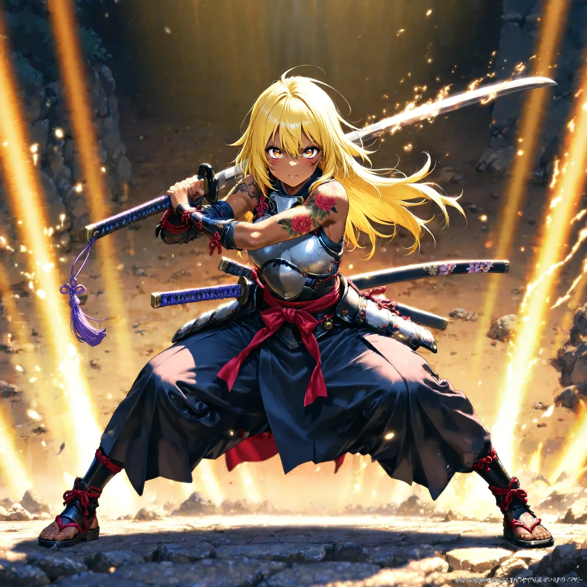 A Beautiful Samurai Holding a Japanese Sword 、Bold Sword Stance 、 yellow hair 、 Brown skin 、armor 、 Japanese kimono、 Perfect Face、 Masterpiece、 masterpiece, anatomically accurate , top quality, Textured Skin , Read more、 full body tattoos /Japanese carving/、 Movie Lighting Effects , Anime Screenshot
