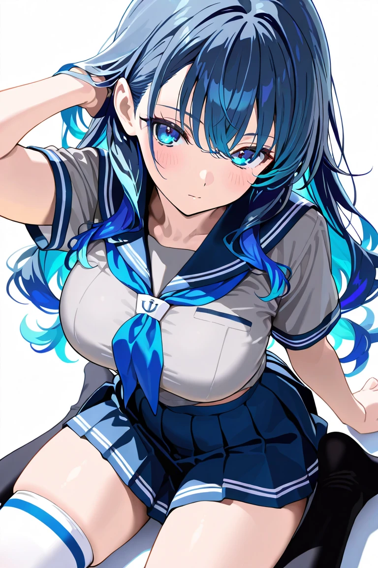 young woman, short blue hair, medium breast, low rank, athletic, frekles, confident,white short-sleeved shirt,dark blue trousers, black boots, and a blue neckerchief., bright green eyes