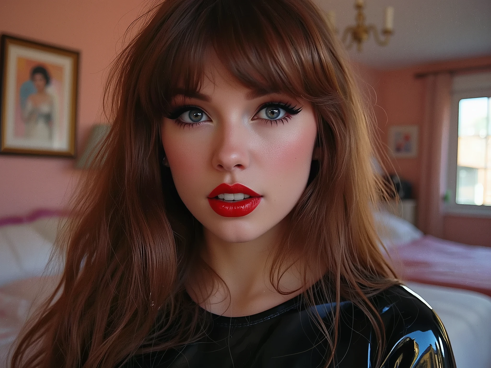deep red lips, lip gloss, shiny lips, eyeliner flicks, thick eyeliner, latex outfit, cute makeup, brown hair, big eyes, in a brightly lit bedroom, egirl thot slutty promiscuous makeup, extreme zoom on face ,colourful hair