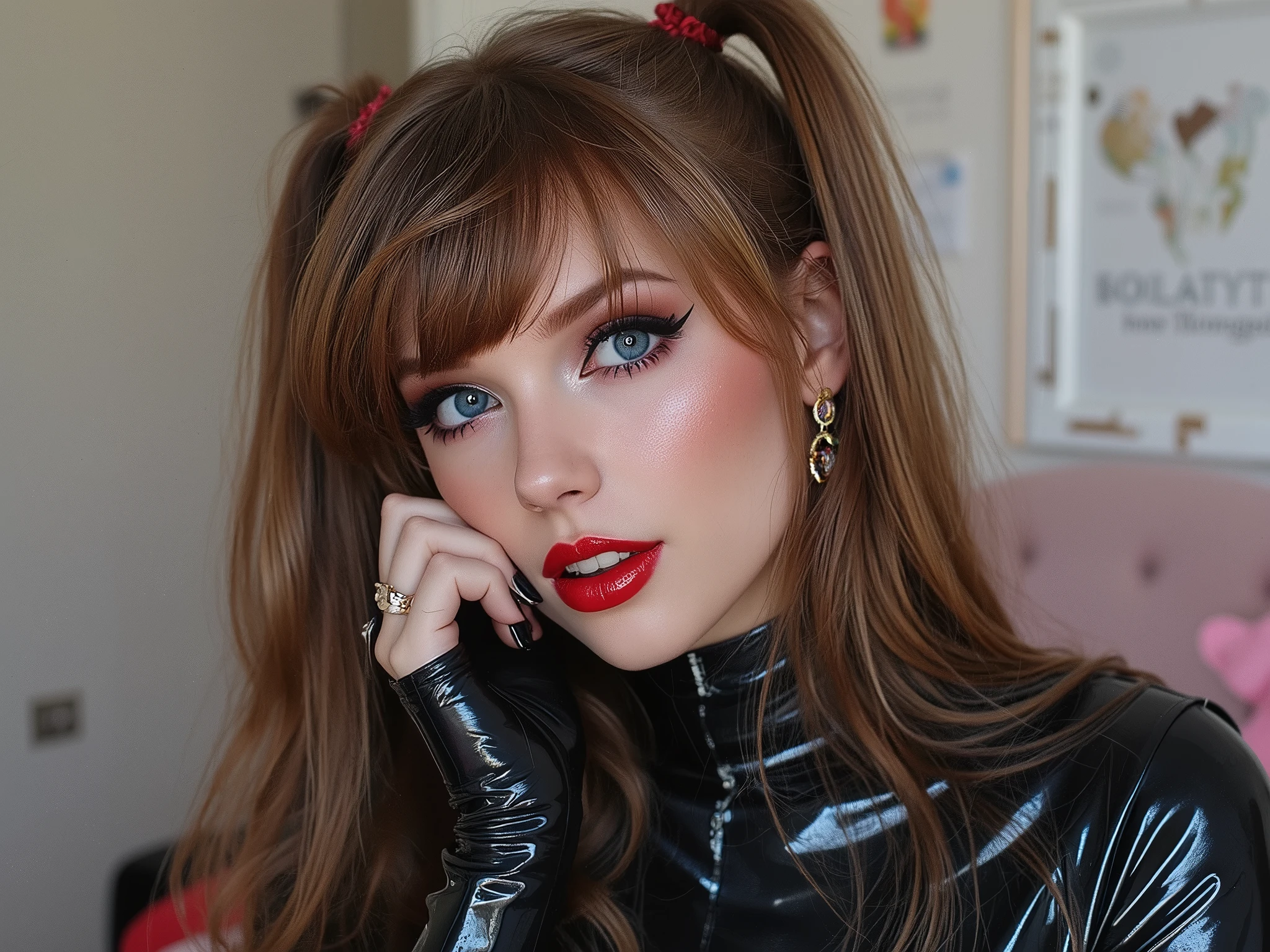 deep red lips, lip gloss, shiny lips, eyeliner flicks, thick eyeliner, latex outfit, cute makeup, brown hair, big eyes, in a brightly lit bedroom, egirl thot slutty promiscuous makeup, extreme zoom on face ,colourful hair