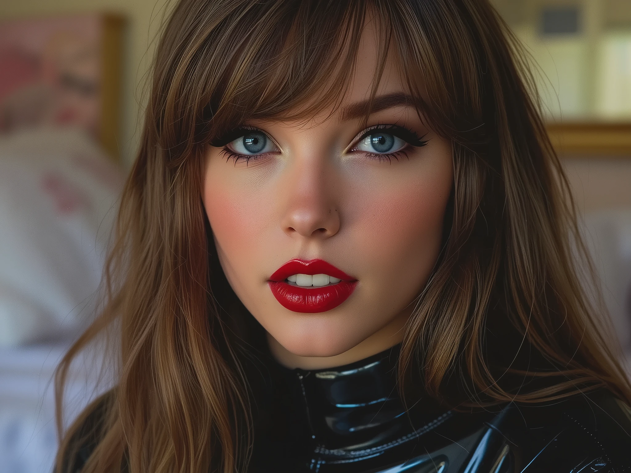 deep red lips, lip gloss, shiny lips, eyeliner flicks, thick eyeliner, latex outfit, cute makeup, brown hair, big eyes, in a brightly lit bedroom, egirl thot slutty promiscuous makeup, extreme zoom on face ,colourful hair