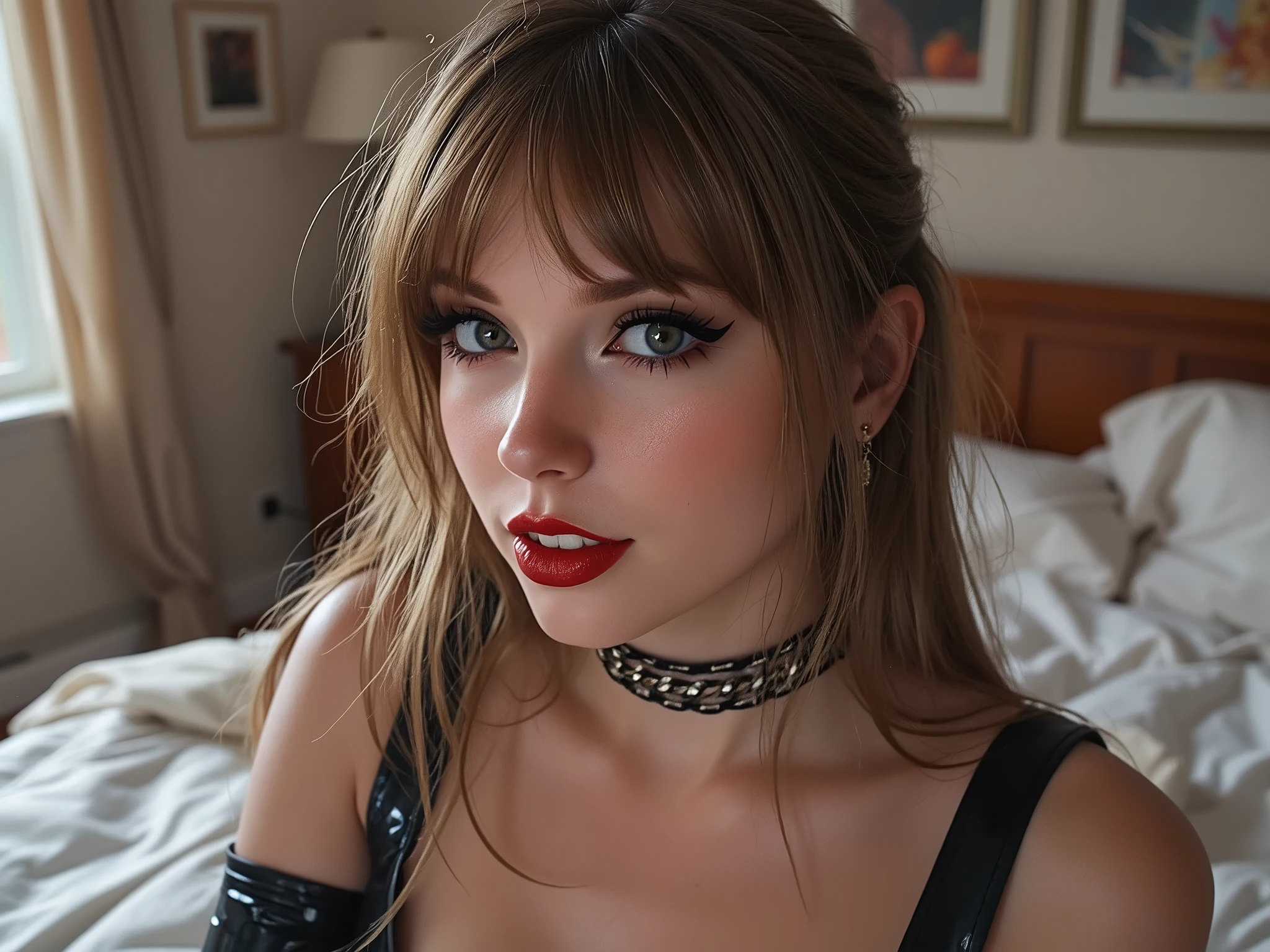 deep red lips, lip gloss, shiny lips, eyeliner flicks, thick eyeliner, latex outfit, cute makeup, brown hair, big eyes, in a brightly lit bedroom, egirl thot slutty promiscuous makeup, extreme zoom on face ,colourful hair