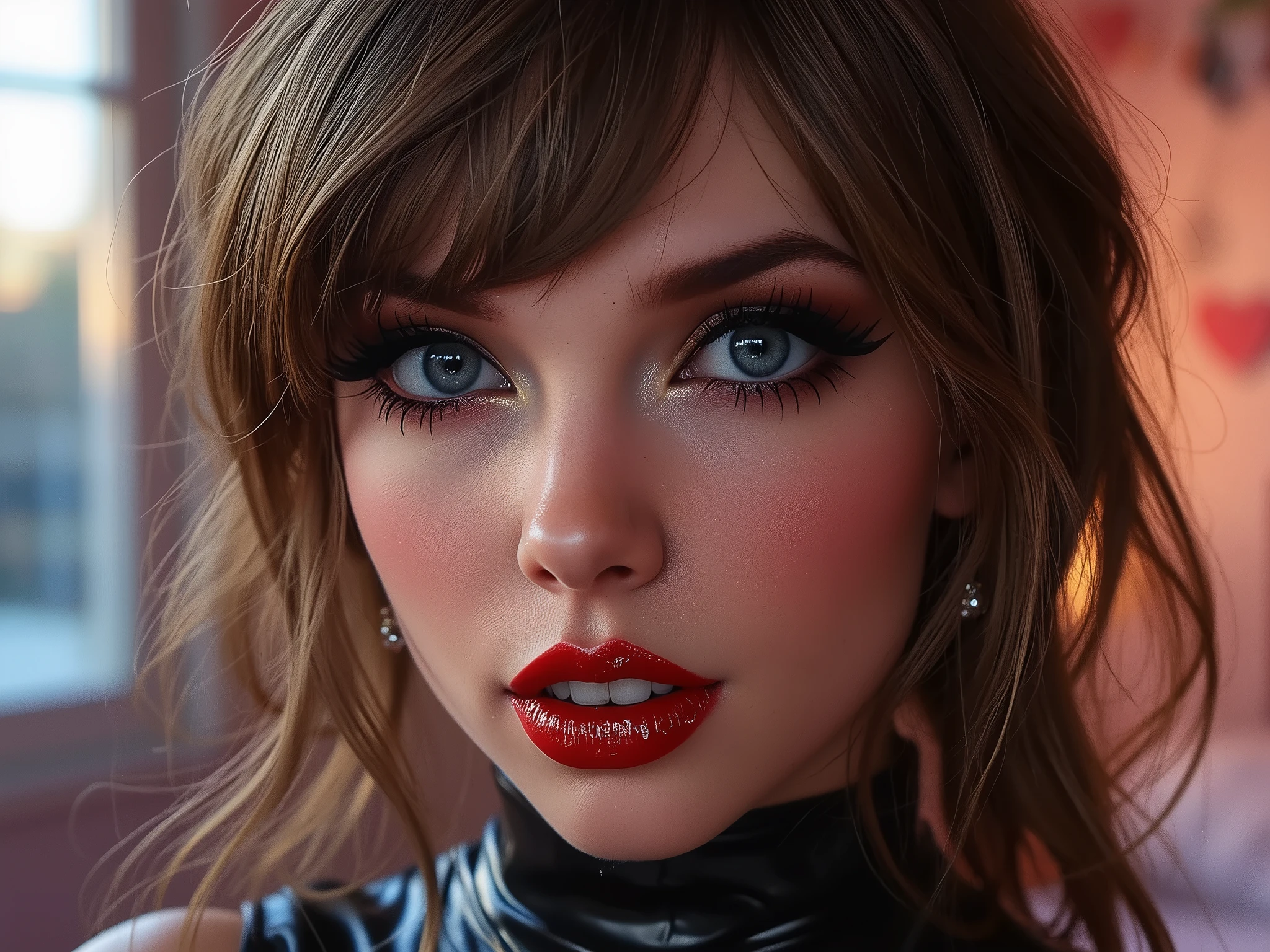 deep red lips, lip gloss, shiny lips, eyeliner flicks, thick eyeliner, latex outfit, cute makeup, brown hair, big eyes, in a brightly lit bedroom, egirl thot slutty promiscuous makeup, extreme zoom on face ,colourful hair