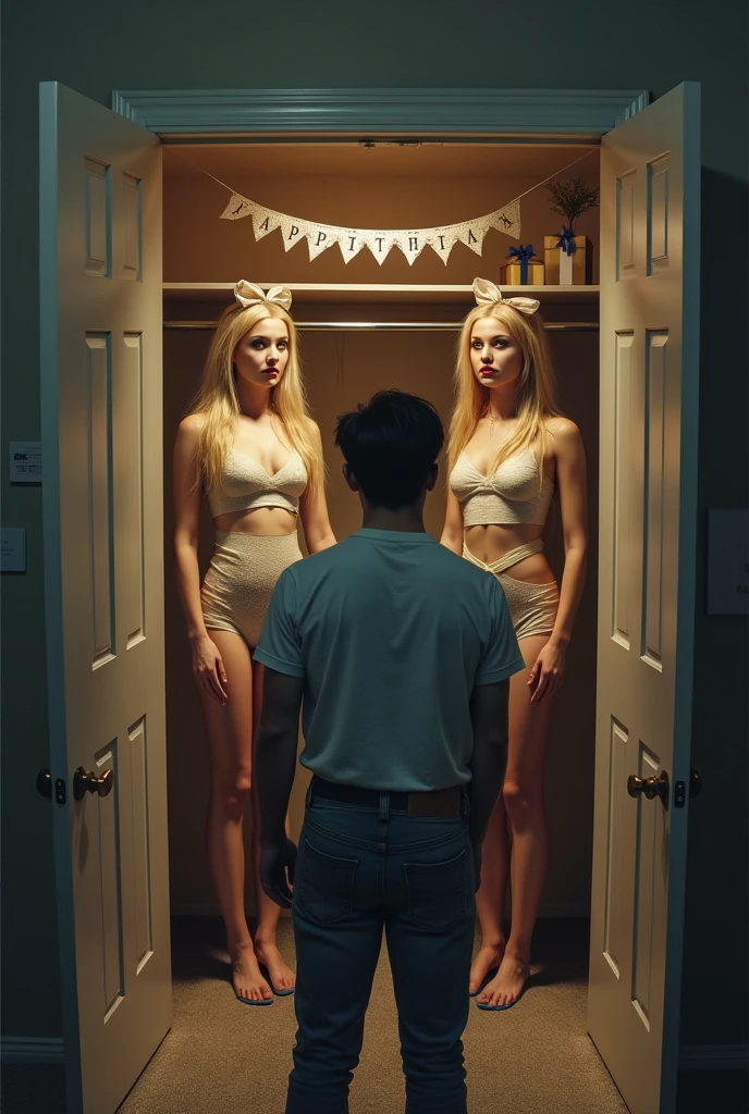 A casually dressed man walks into his wife's bedroom, He opens his large closet and is surprised to see that there are two beautiful brown-haired women, with sexy lingerie and identical faces , They are standing and sleeping with a gift bow on their heads and their bodies are wrapped in plastic, There is a banner that says "happy birthday" hanging in the closet, Realistic details, Hyper-realistic image quality