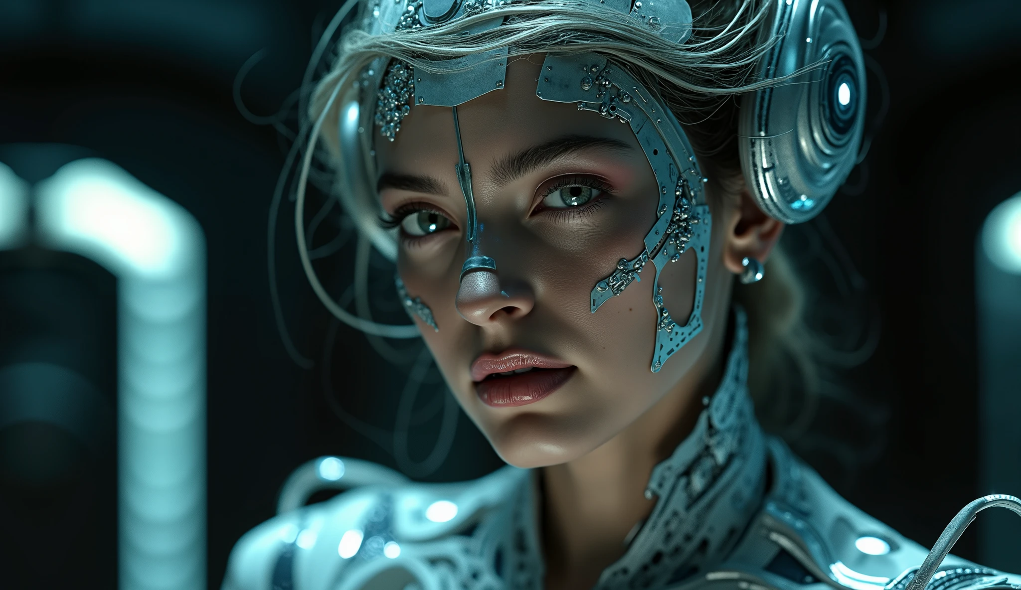A highly detailed, realistic photo of a cybernetic woman. Her face is a seamless blend of human beauty and advanced technology, with metallic plates and glowing, intricate circuits integrated into her skin. Her eyes are striking that conveys intelligence and mystery. Delicate wires and biomechanical elements weave through her hair, styled sleekly to enhance her futuristic appearance. Her expression is confident and serene, emphasizing her humanity despite her cybernetic enhancements. The background is minimal and dark, with subtle futuristic light patterns, drawing full attention to the intricate details of her face and design. The overall image is hyper-realistic, with fine textures, soft lighting, and a cinematic atmosphere.
