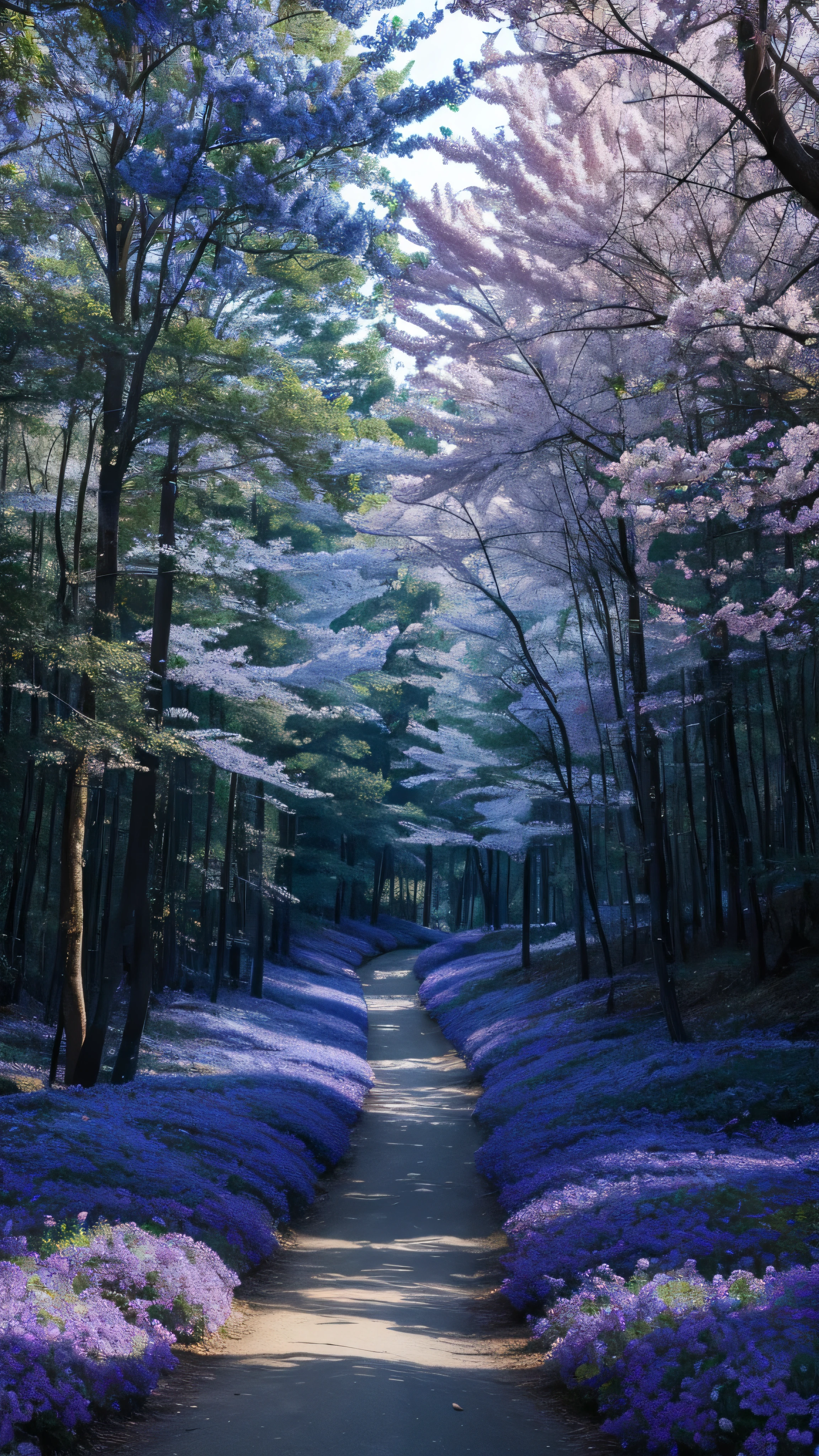 highdefinition images , Deep forest painting 、Flowers and blue trees 々A forest full of、 A mysterious forest where magical beings are hidden in the branches , 8k, ( High Quality Seven Colored Flowers ) a forest believed to be inhabited by fairies , Soft sunrise over the Grand Canyon。
