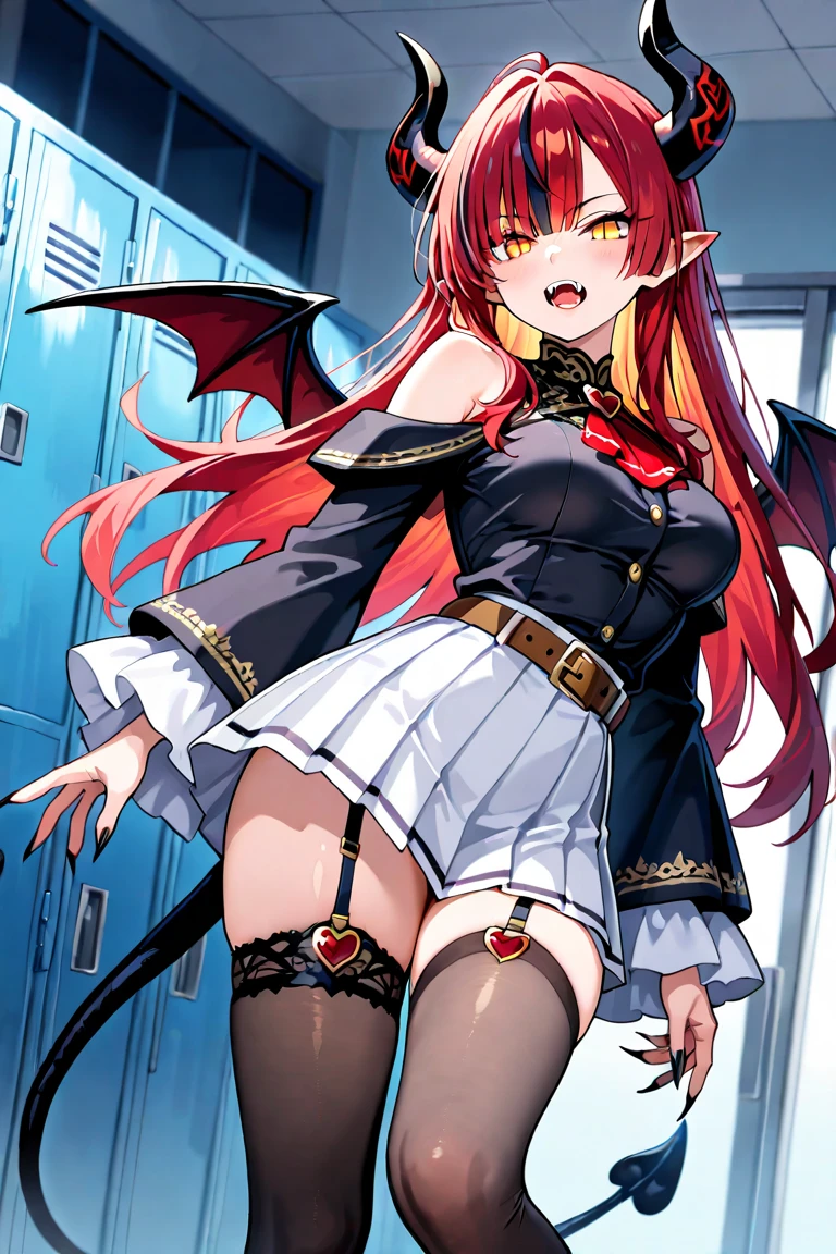 masterpiece, best quality, highly detailed background, perfect lighting, best quality, (extremely detailed face), volumetric lighting, intricate details, shadow, tonemapping, sharp focus, hyper detailed, trending on Artstation, (solo), (Background in the bathroom) .Girl with bat wings, Devil, devil horns, long red hair. Red eyes. y. curvy. Blush, Clear skin. Belly in sight. Big bust. Smile, ((with school report)) ((Dressed as a schoolgirl))
