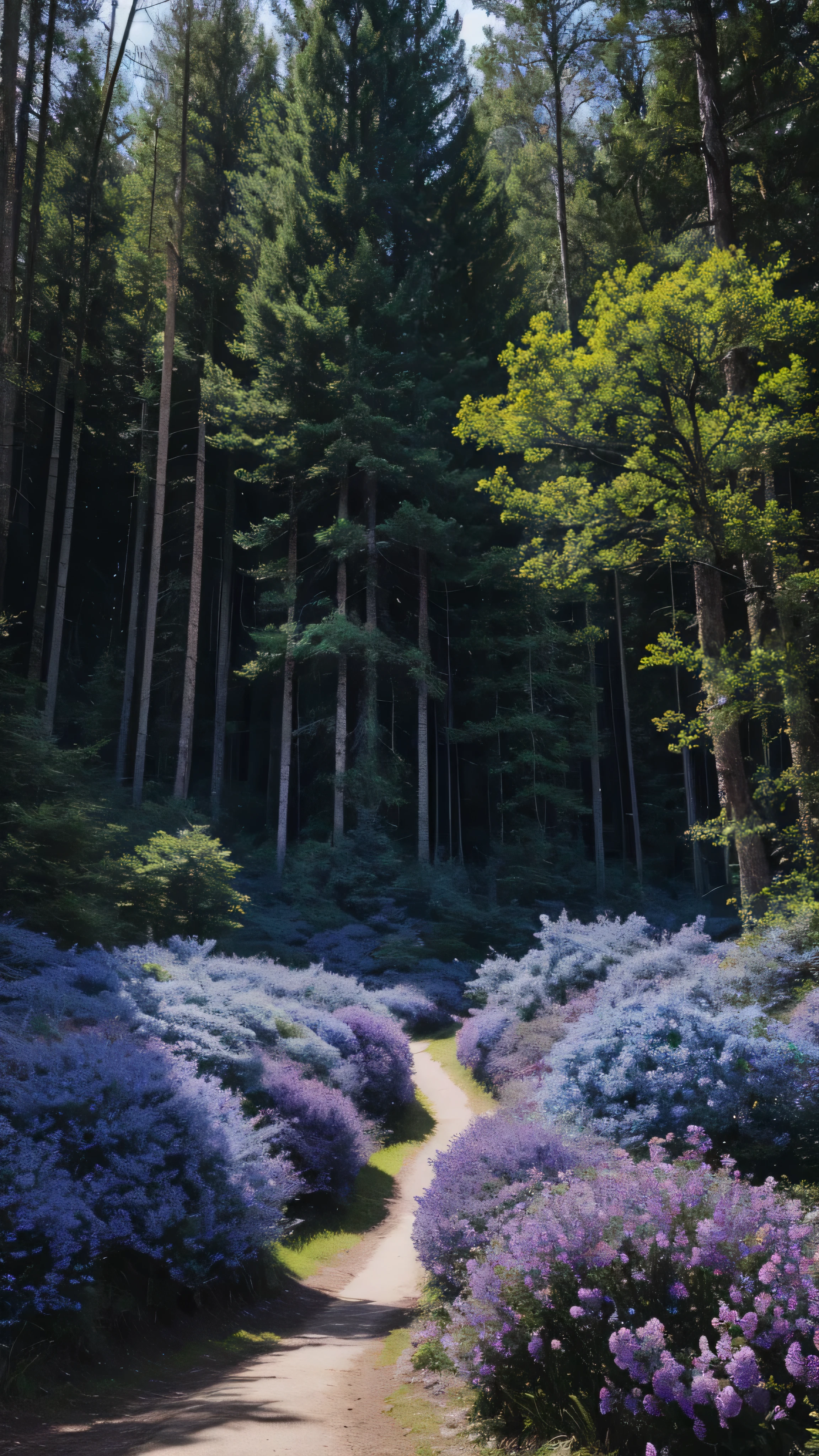 highdefinition images , Deep forest painting 、Flowers and blue trees 々A forest full of、 A mysterious forest where magical beings are hidden in the branches , 8k, ( High Quality Seven Colored Flowers ) a forest believed to be inhabited by fairies , Soft sunrise over the Grand Canyon。