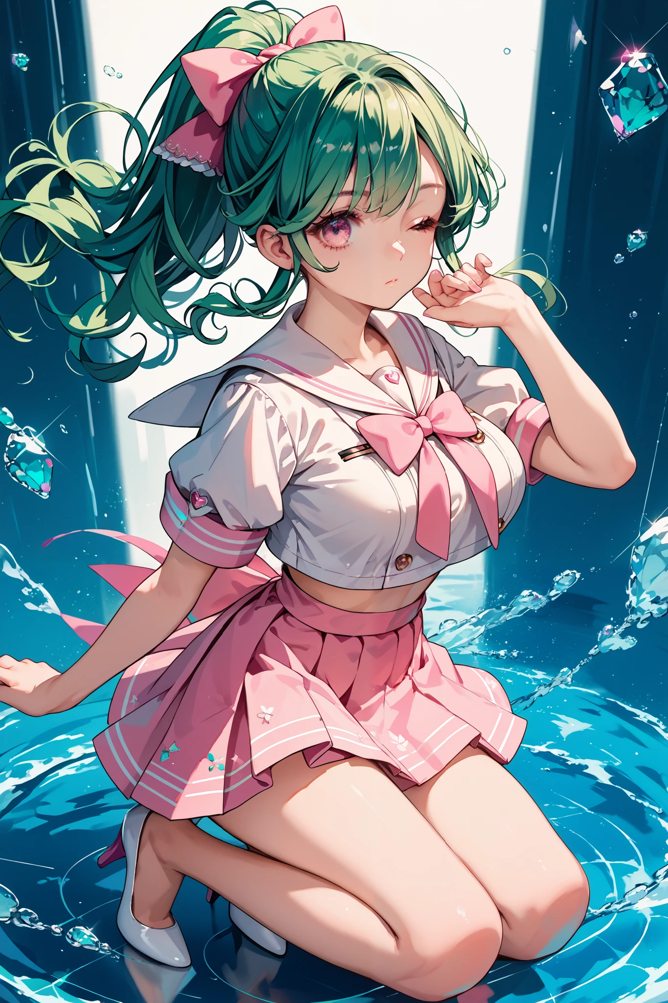 score_9, score_8_up , score_7_up ,source_anime,1cute girl, EMERALD hair,  pattern ,ponytail pink ribbon, expressionless, ,  cute white sailor suit with pink lines, mini skirt, pink eyes,one eye closed, white high heels,Weather showers