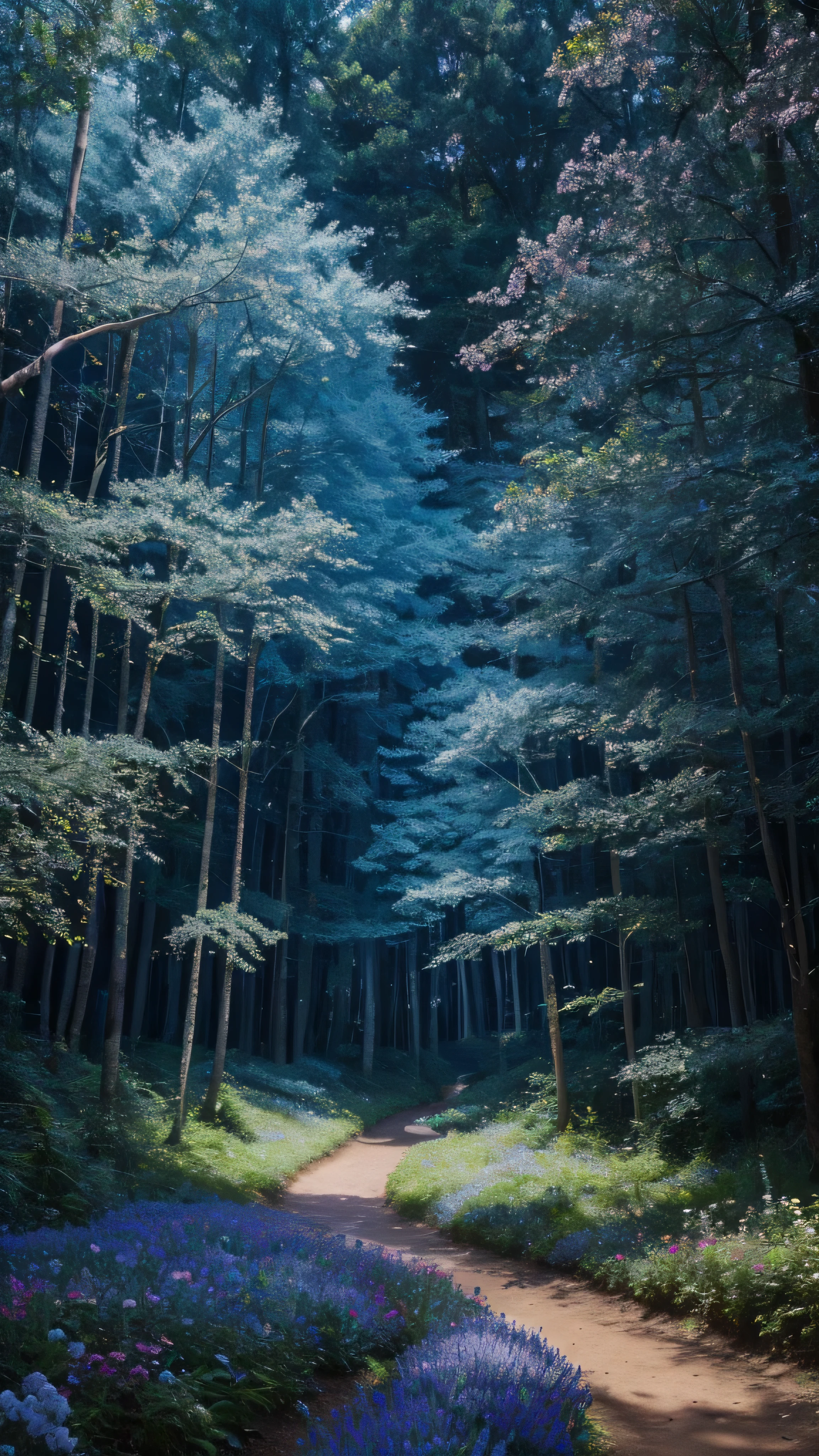 highdefinition images , Deep forest painting 、Flowers and blue trees 々A forest full of、 A mysterious forest where magical beings are hidden in the branches , 8k, ( High Quality Seven Colored Flowers ) a forest believed to be inhabited by fairies , Soft sunrise over the Grand Canyon。
