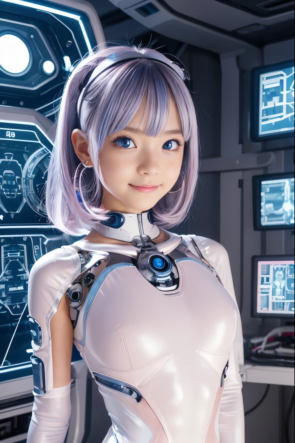 (  top quality ,  high res ,  Masterpiece:1.2),  highly detailed ,  by Nomi:1.37, ( anatomically correct), 1 girl,  cowboy shot, cute kawaii japanese rhythmic gymnast ,Cyborg Retrofit Surgery ,Vertical position , very kawaii super ,Moe,Moe,(smile), ( blue eyes:1.3),  beautiful skin, Short stature,  slender body,  small breasts,Moe,( futuristic tight shiny pink and white cyber leotard), super tight fit  , ,  Metal Necklaces  ,  futuristic earrings  ,, ( no makeup),  headband ,  cybernetics  , Cyberpunk, Intricate decorative details , Blue Hair Bob,bangs,(  The background is inside a robotic operating room  .).