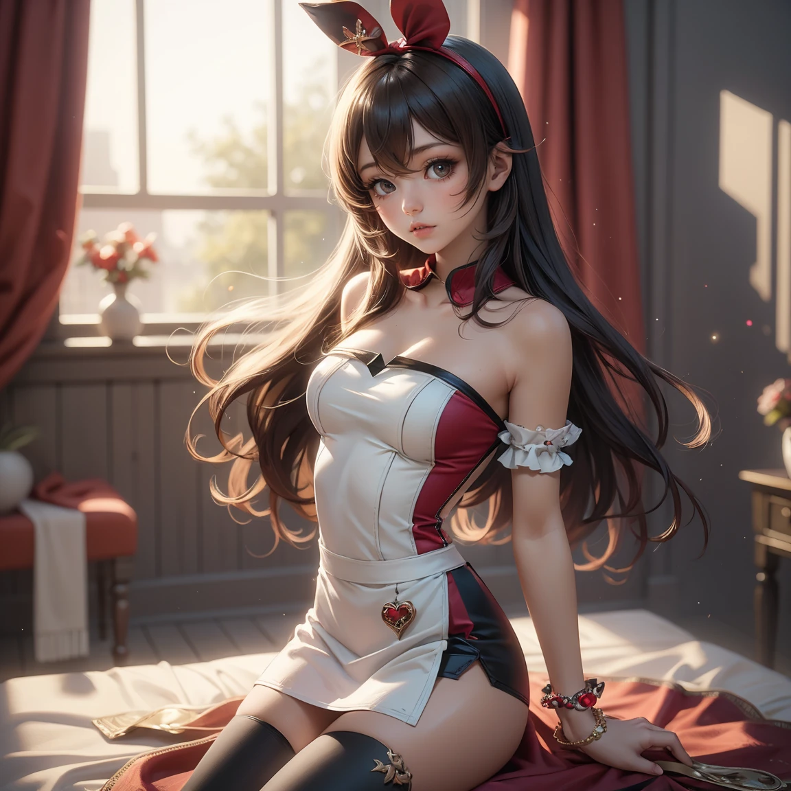 masterpiece, best quality, highres, 1girl, kizuna ai, medium breasts ,long hair, brown hair, multicolored hair, floating hair, pink hairband, pink highlights, streaked hair, smiling, moonlit night, bridge, bare shoulders, navel, trees, river, side angle, looking at a distance, leaning on a railing, short shorts, bare thighs, white stalkings