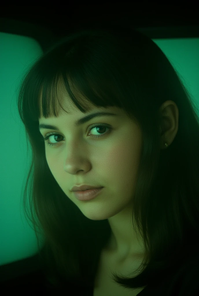 A feminine face with a fascinated look.  straight hair, navy blue eyes. The screen color is retro and green.