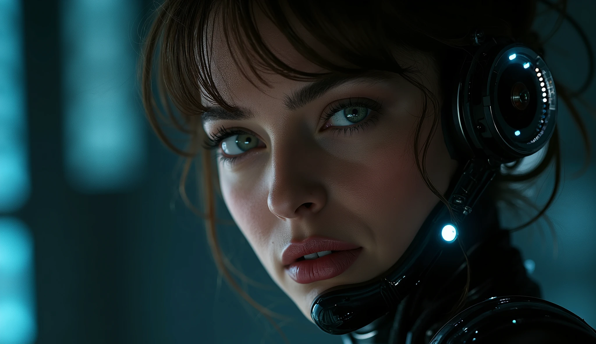 A highly detailed, realistic photo of a sexy woman. Her face is a seamless blend of human beauty. Her eyes are striking that conveys intelligence and mystery. Her expression is confident and serene, emphasizing her humanity despite her cybernetic enhancements. The background is minimal and dark, with subtle futuristic light patterns, drawing full attention to the intricate details of her face and design. The overall image is hyper-realistic, with fine textures, soft lighting, and a cinematic atmosphere.