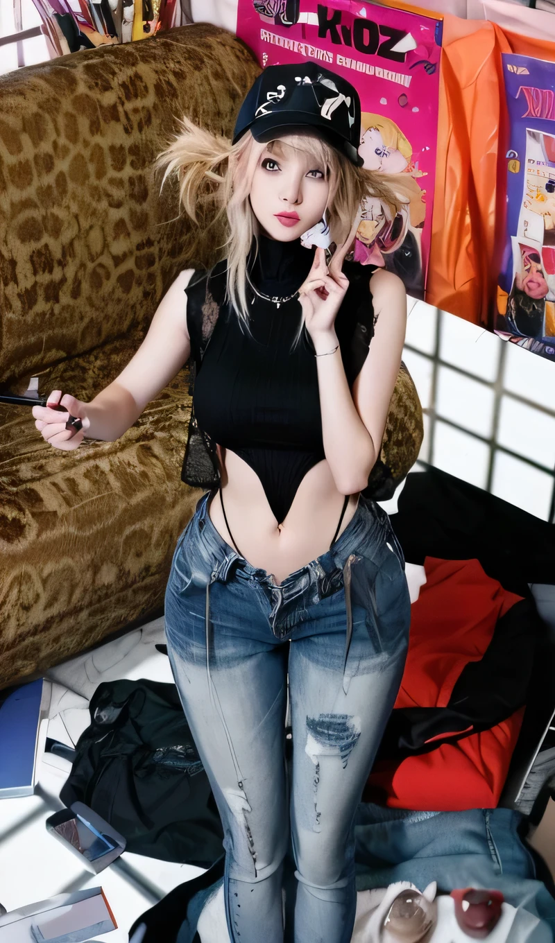 blond woman with tattoos on her body sitting on a bed, ava max, pretty face with arms and legs, sexy girl, sexy look, 2 4 year old female model, instagram model, portrait of kim petras, 2 , 21 years old, 18 years old, good young girl, bra and shorts streetwear, anime vibes, 2 3 years old