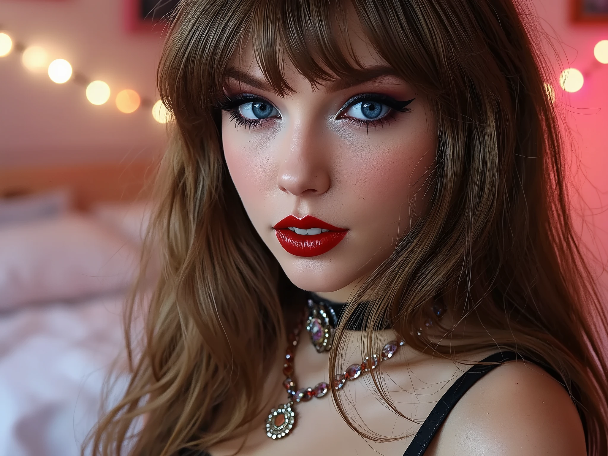 deep red lips, lip gloss, shiny lips, eyeliner flicks, thick eyeliner, latex outfit, cute makeup, brown hair, big eyes, in a brightly lit bedroom, egirl thot slutty promiscuous makeup, extreme zoom on face ,colourful hair
