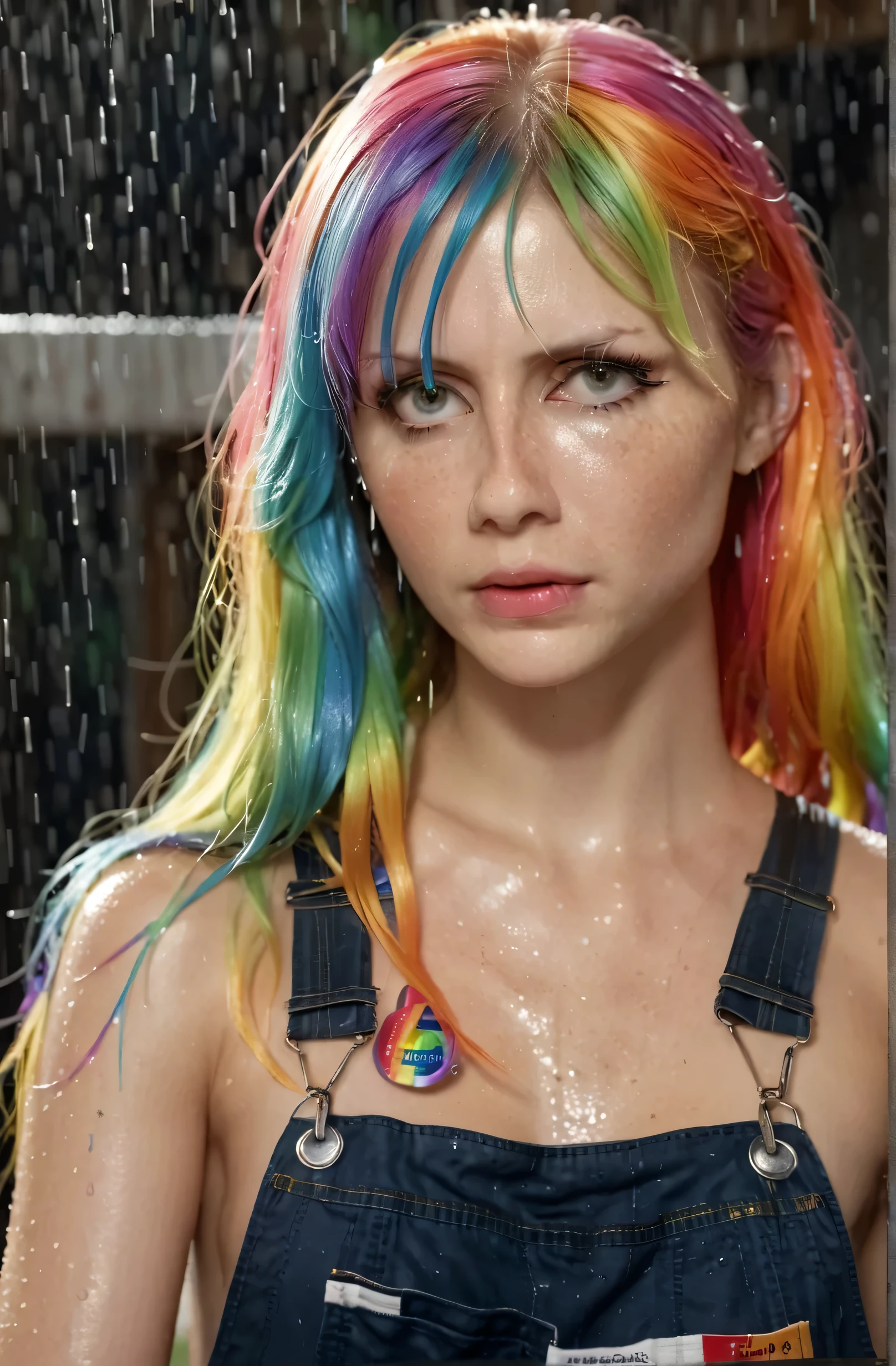 flamboyant young women,
hyperrealistic 3d render of a grungy woman with rainbow hair, soft eyes and narrow chin, dainty figure, long hair straight down, torn overalls, side boob, wet, raining, dim volumetric lighting, 8k octane beautifully detailed render, post-processing, portrait, extremely hyper detailed, intricate