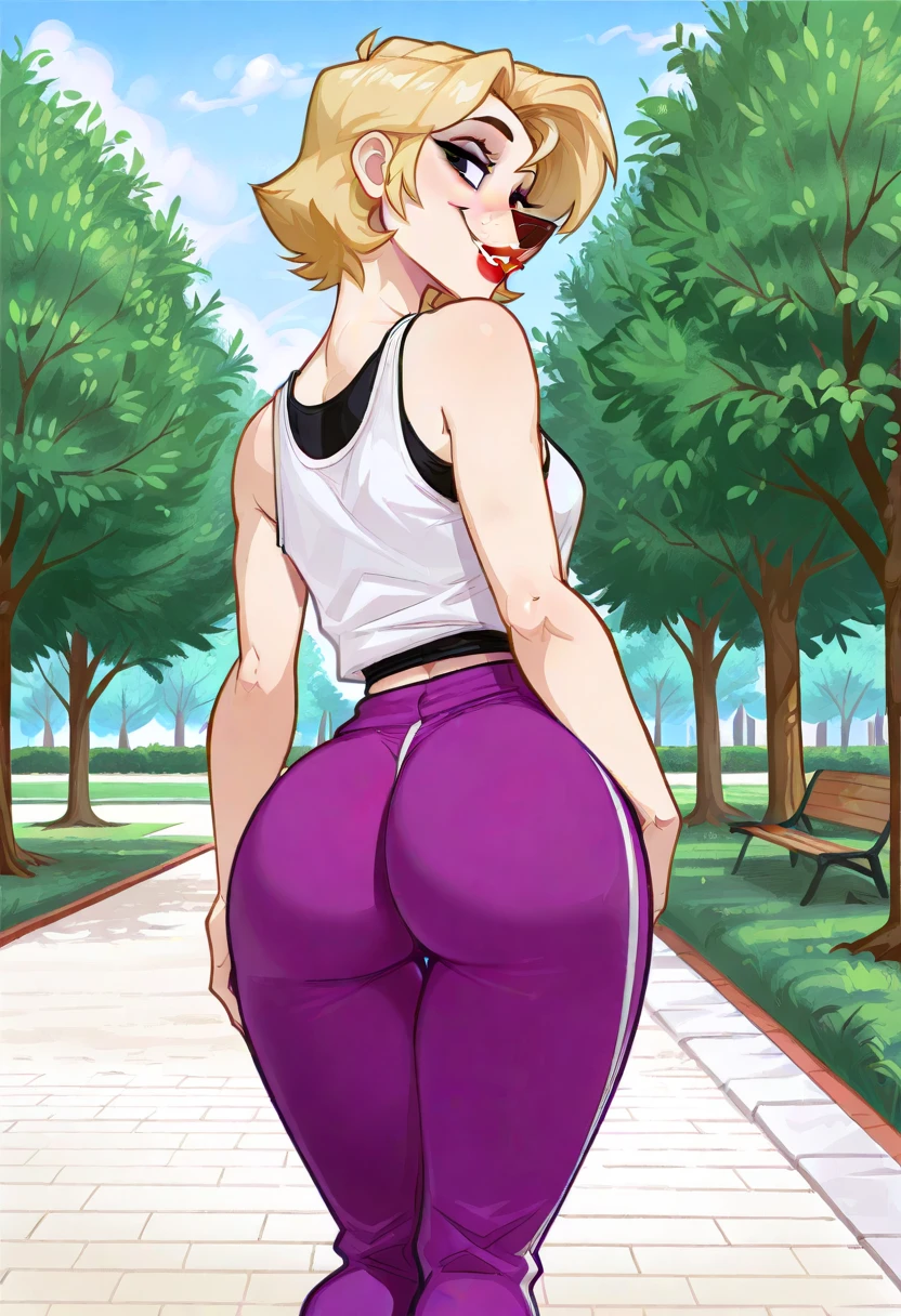 Masterpiece, high resolution, Dragon ball art style, android 18, 1girl, (((bimbo))), puffy lips, painted lips, thick lips, wide hips, thick thighs, big breast, huge ass, revealing cleavage, erotic, sexy face, bubble butt, Brazilian butt lift, camel toe, looking back, pink hot pants, white top, sweat, legs, gym, looking back, gym, full body, bending over, camel toe,