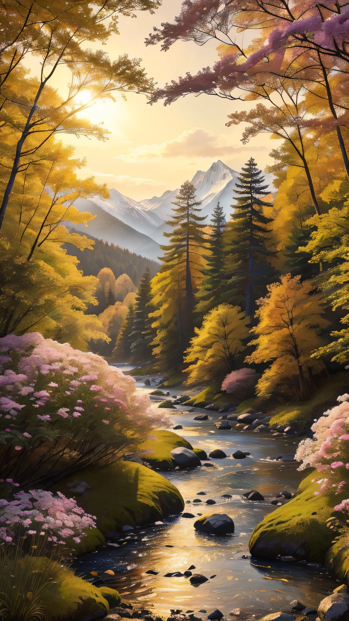 highdefinition images , Deep forest painting 、Flowers and trees々 A forest full of、 A mysterious forest where magical beings are hidden in the branches , 8k, High Quality Seven Colored Flowers , a forest believed to be inhabited by fairies , Soft morning sun shining into the snowy mountains of the Alps 。