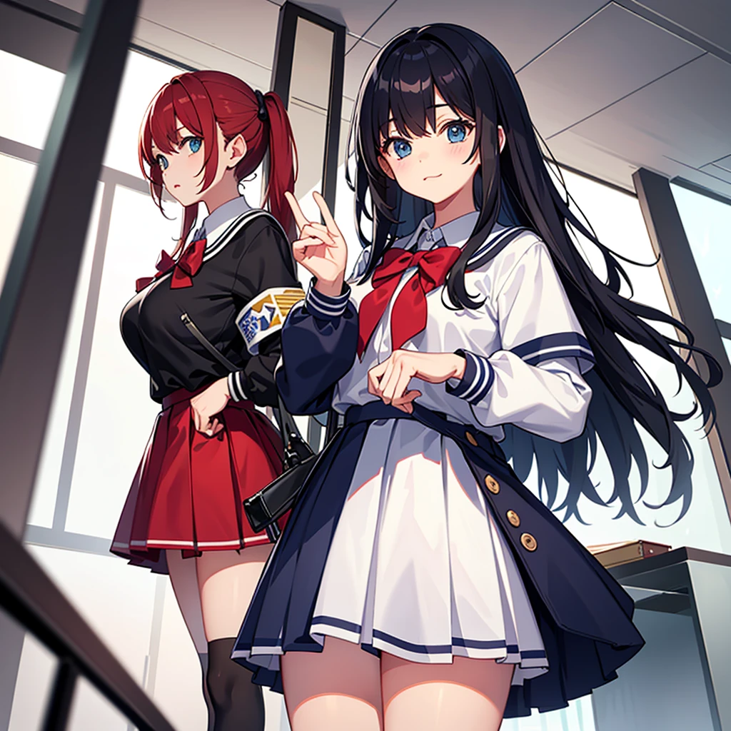 (extremaly detailed cg、8K wallpapers)、(Extremely Delicately Beautiful)、(tmasterpiece)、(top-quality:1.0)、(超A high resolution:1.0)、beautiful light up、perfect lightning bolt、realistic shaded、[A high resolution]、Detailed skin、ultra - detailed、detailed faces and eyes、Realistic eyes、Sharp pupils、Colossal tits、cow boy shot, inside a classroom、schools、Evening glow、beauitful face、blurred back、16-year-old beautiful girl、shiny skins、side up、Beautiful black hair、Blunt bangs、Red eye、(Katyusha:1.2)、a sailor suit、Pleated miniskirt、curves、sittinng on the desk、(opening legs、You can see light-colored panties.:1.2)、Gentle smile、