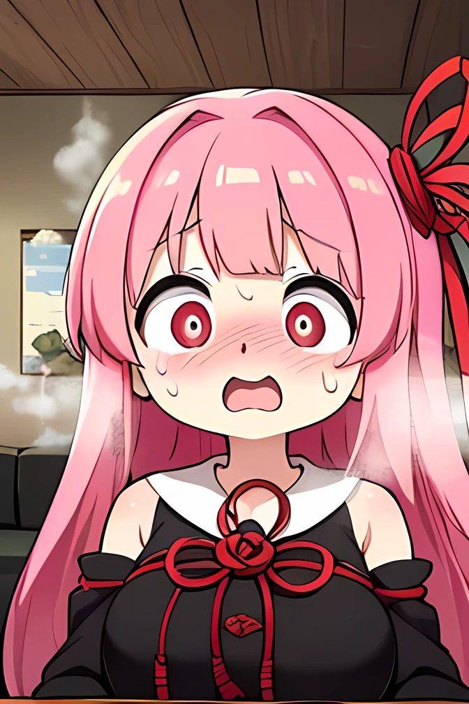 (((puff out your cheeks:1.4))), kotonoha akane,(( is puzzling)),Small eyes,(((Pupils fully open))),round face,(hair ribbon),pink hair,long hair,bangs,((((close your mouth:1.3))),((big breast)),(( chubby)) ,((black dress)), detached sleeves, wide sleeves, bare shoulders ,(sweat ),((( are excited))),((( surprised:1.4))),((( surprised))),(((steam:1.3))),(((赤い頬))),((Many drops of sweat)), indoor, living room ,(upper body ),((( Focus on Women ))),