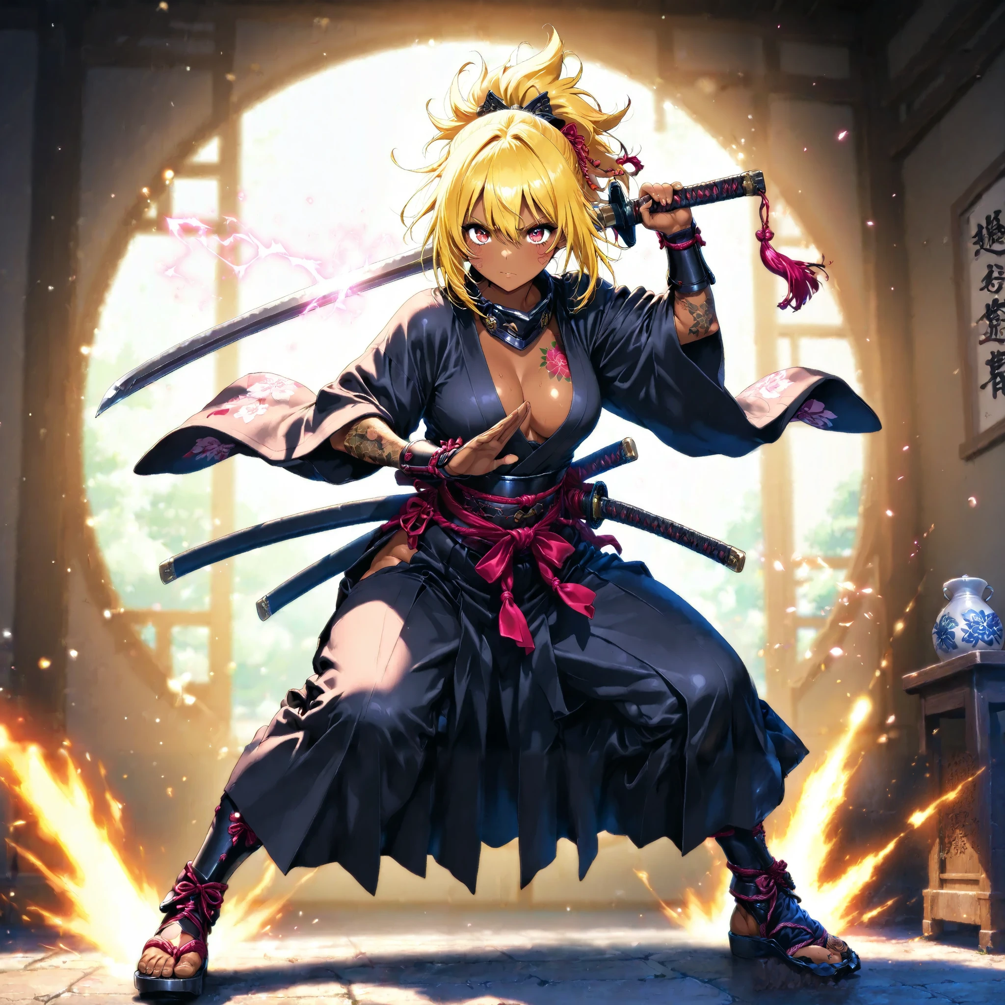 A Beautiful Samurai Holding a Japanese Sword 、Bold Sword Stance 、 yellow hair 、 Brown skin 、armor 、 Japanese kimono、 Perfect Face、 Masterpiece、 masterpiece, anatomically accurate , top quality, Textured Skin , Read more、 full body tattoos /Japanese carving/、 Movie Lighting Effects , Anime Screenshot