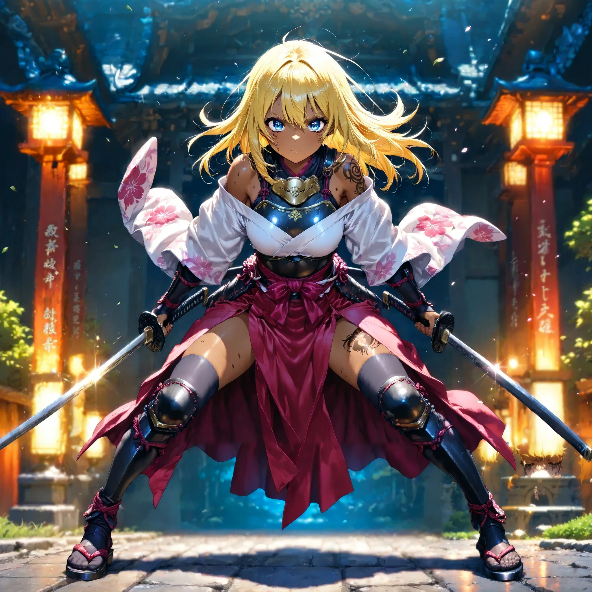 A Beautiful Samurai Holding a Japanese Sword 、Bold Sword Stance 、 yellow hair 、 Brown skin 、armor 、 Japanese kimono、 Perfect Face、 Masterpiece、 masterpiece, anatomically accurate , top quality, Textured Skin , Read more、 full body tattoos /Japanese carving/、 Movie Lighting Effects , Anime Screenshot