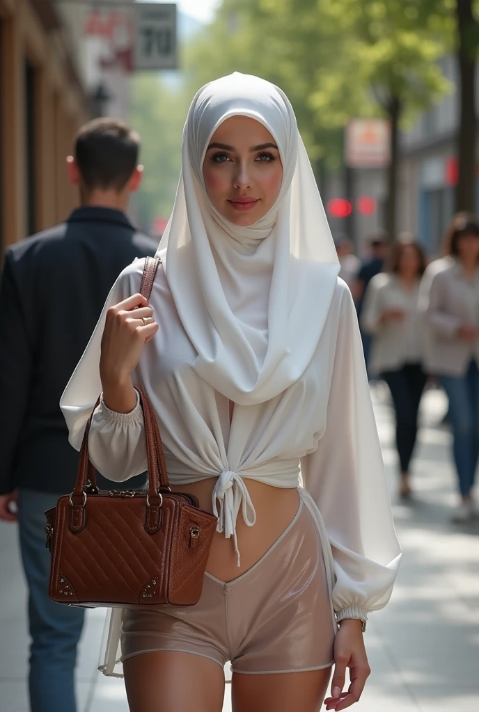 1 girl, tall vampire, closeup, pale skin , plus size body, big breasts, corset, burgundy hair color, tied hair with band, winged eyeliner, brown eyes, dark lipstick, hijab
