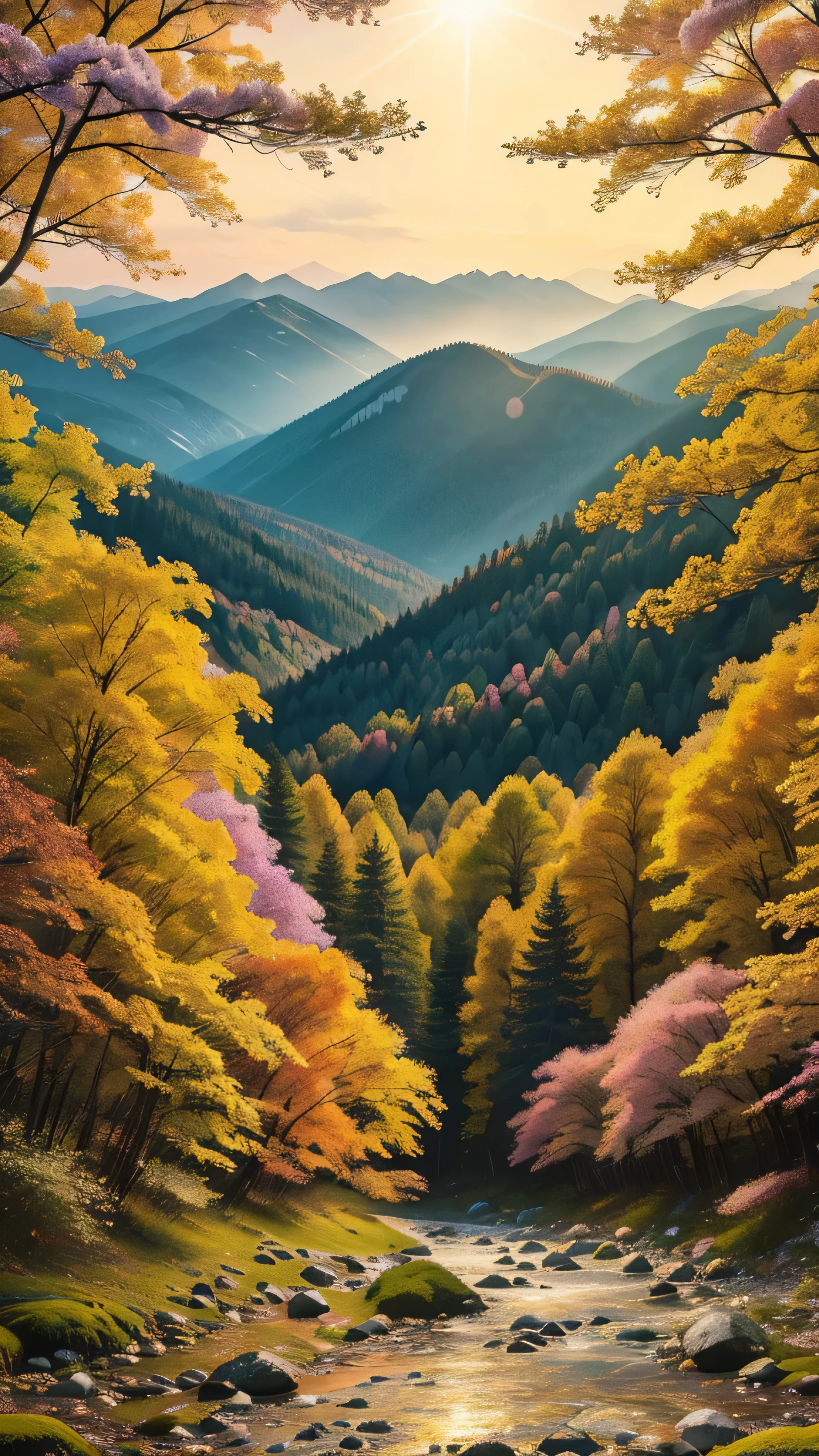  highdefinition images , Deep forest painting 、Flowers and trees々 A forest full of、  A mysterious forest where magical beings are hidden in the branches , 8k,  High Quality Seven Colored Flowers  ,  a forest believed to be inhabited by fairies , Soft morning sun shining into the snowy mountains of the Alps 。