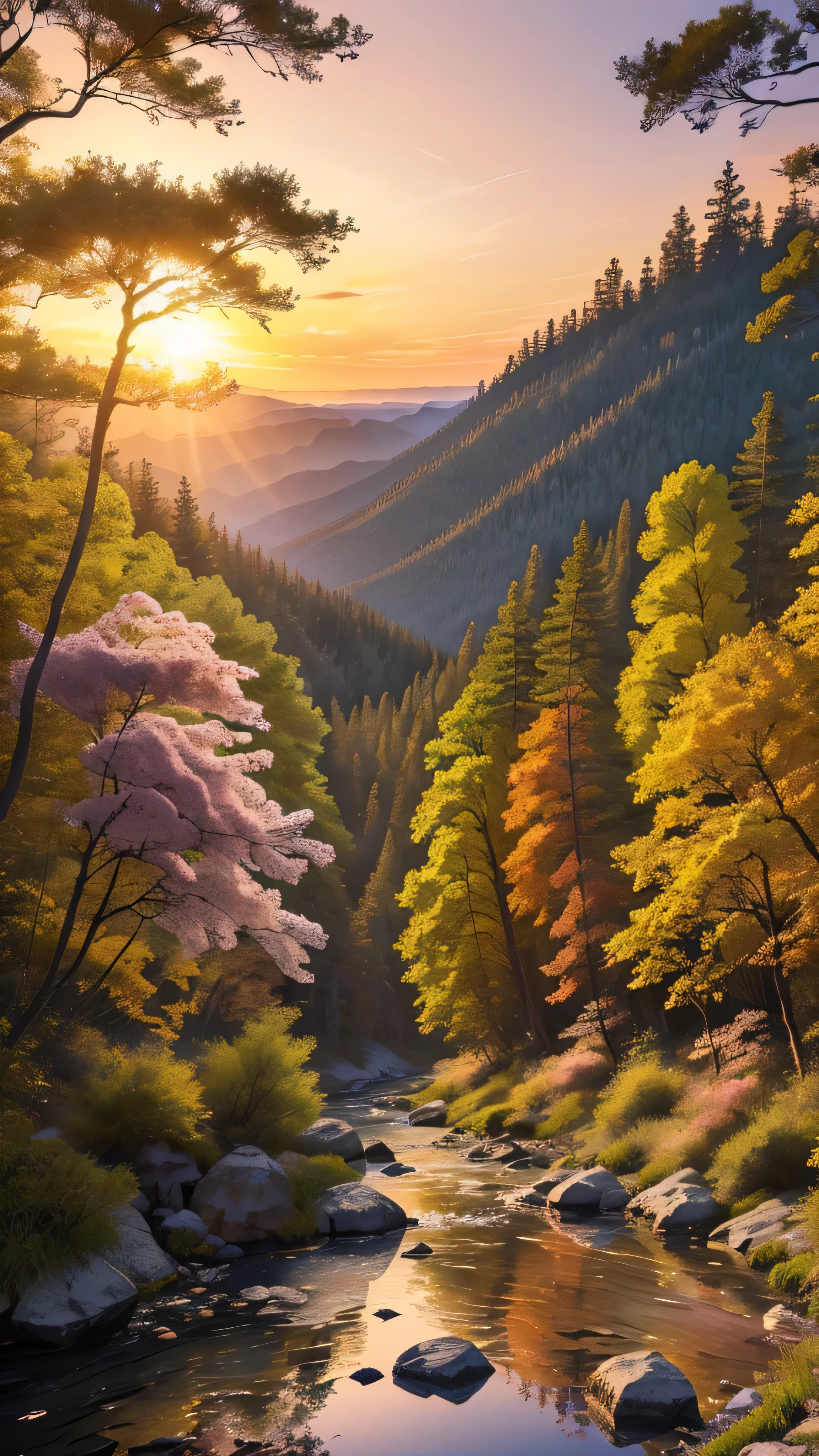 highdefinition images , Deep forest painting 、Flowers and trees々 A forest full of、 A mysterious forest where magical beings are hidden in the branches , 8k, High Quality Seven Colored Flowers , a forest believed to be inhabited by fairies , Soft sunrise over the Grand Canyon。