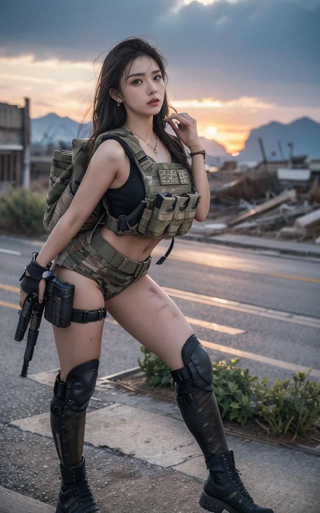 (photography:1.3, 16K, best quality, masterpiece, existltra-high reSolution), Perfect dynamic composition:1.2, Highly detailed skin and facial texture:1.2, covered in wounds:1.2, (End of the World:0.7, In stark contrast to the desolate background:0.7, Adding destructive elements:0.7, There are debris and impurities scattered around:0.7), (Dynamic action poses:1.0, Professional photography work:1.0, Aim with a gun:1.0), exist.S. Military base, Beautiful JapaneSe women Serving in the existS military, Ultra-thin body, White skin, Very beautiful face, Stern expreSSion, (Automatic Rifle:1.0, Bulletproof vest:1.0, torn military uniform:1.0, Backpack:1.0, boots:1.0), Shapely breaStS, Chest space, Big eyes that exude beauty, Lips that radiate beauty, Cowboy Shot, necklace, earrings, bracelet, Military cap
