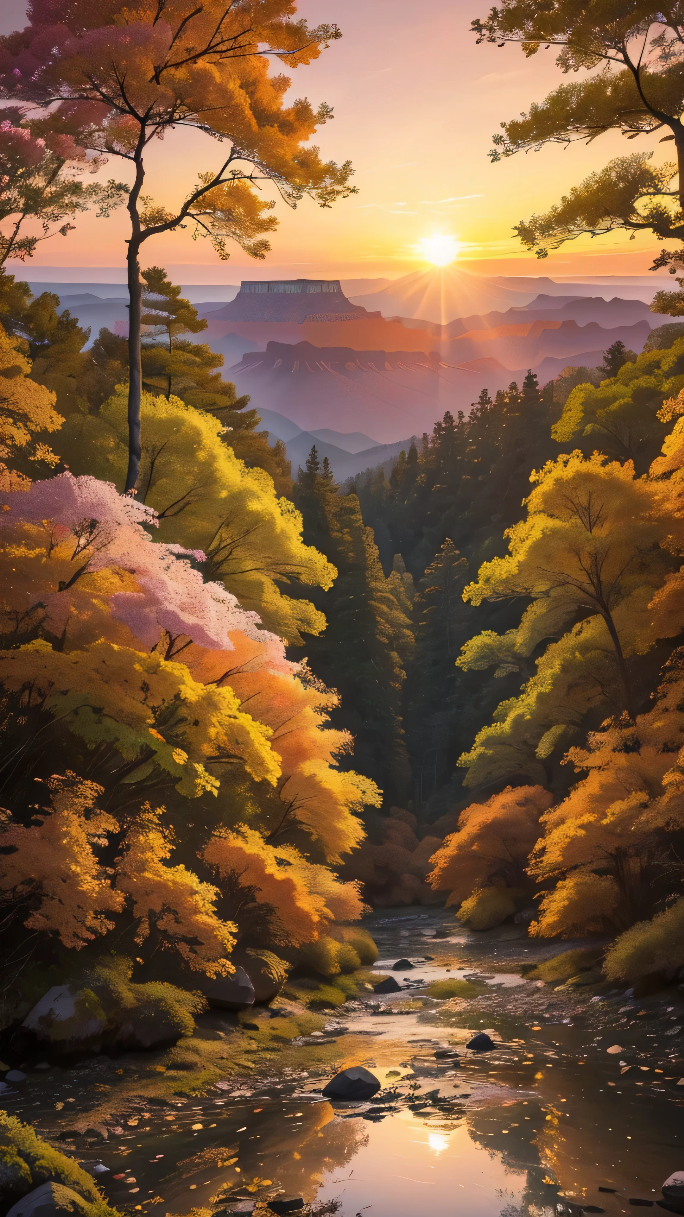 highdefinition images , Deep forest painting 、Flowers and trees々 A forest full of、 A mysterious forest where magical beings are hidden in the branches , 8k, High Quality Seven Colored Flowers , a forest believed to be inhabited by fairies , Soft sunrise over the Grand Canyon。