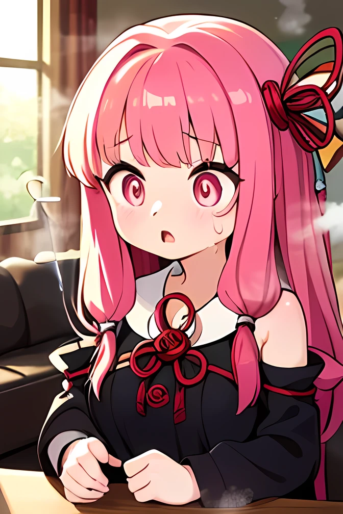 (((puff out your cheeks:1.4))), kotonoha akane,(( is puzzling)),Small eyes,(((Pupils fully open))),round face,(hair ribbon),pink hair,long hair,bangs,((((close your mouth:1.5))),((big breast)),(( chubby)) ,((black dress)), detached sleeves, wide sleeves, bare shoulders ,(((steam:1.3))),(((赤い頬))),((Many drops of sweat)), indoor, living room ,(upper body ),((( Focus on Women ))),