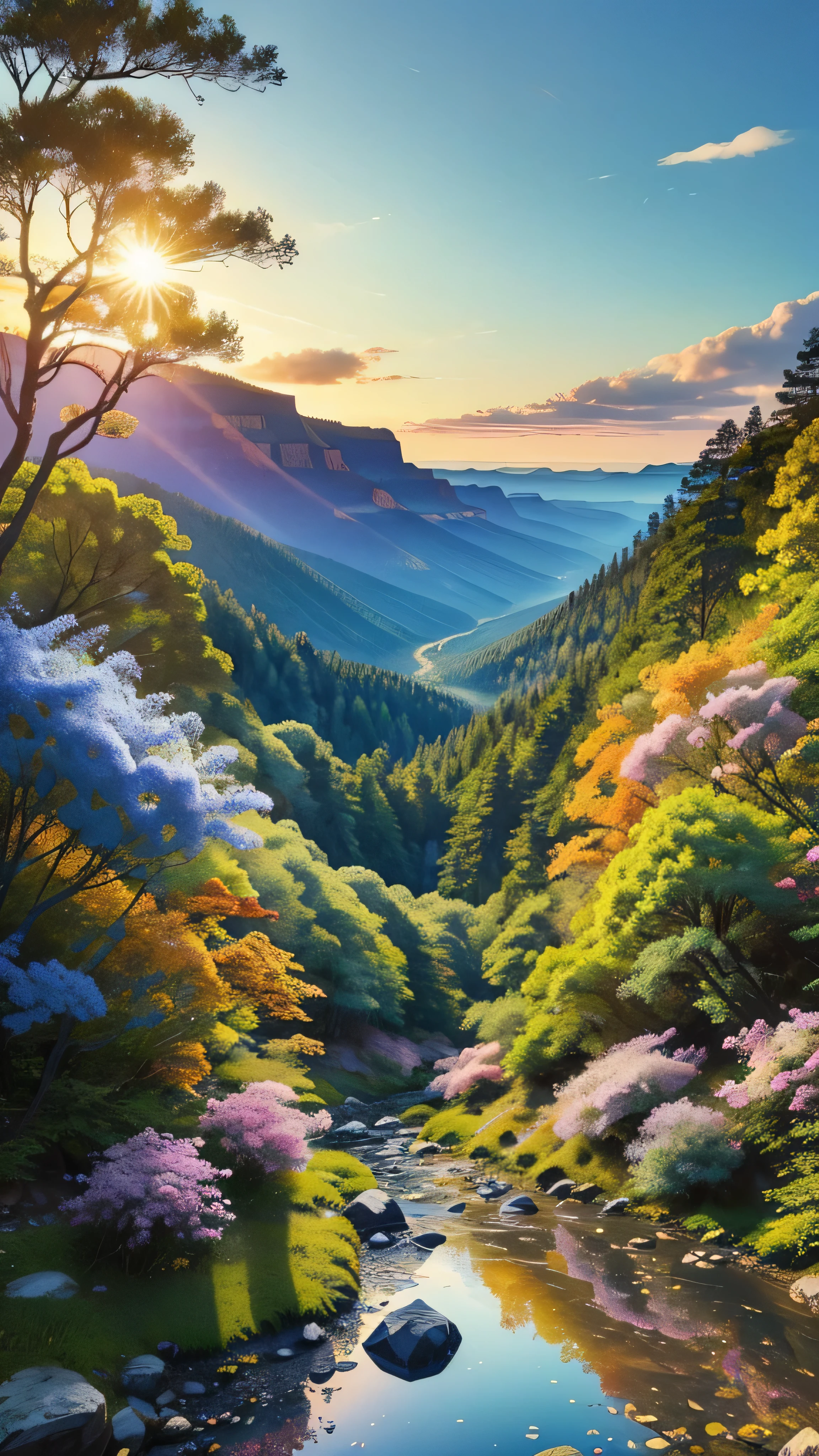 highdefinition images , Picture of a deep forest valley 、Flowers and blue trees 々A forest full of、 A mysterious forest where magical beings are hidden in the branches , 8k, ( High Quality Seven Colored Flowers ) a forest believed to be inhabited by fairies , Soft sunrise over the Grand Canyon。