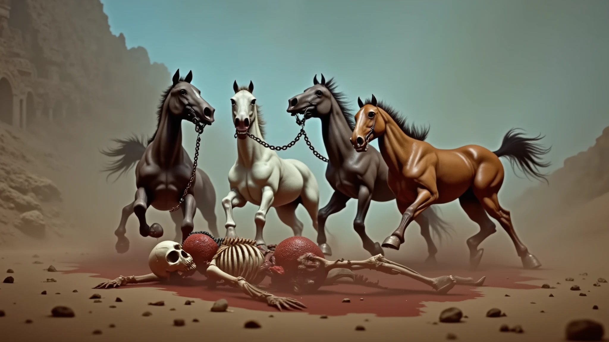 four horses, in ancient Greece, mythological, cinematic, dramatic. The horses are colored white, black, chestnut, and caramel. dragging thick chains. a warrior skeleton lying on the ground in flesh, blood, guts. bloody skeleton with guts hanging out. perfect anatomy, skull, bones.