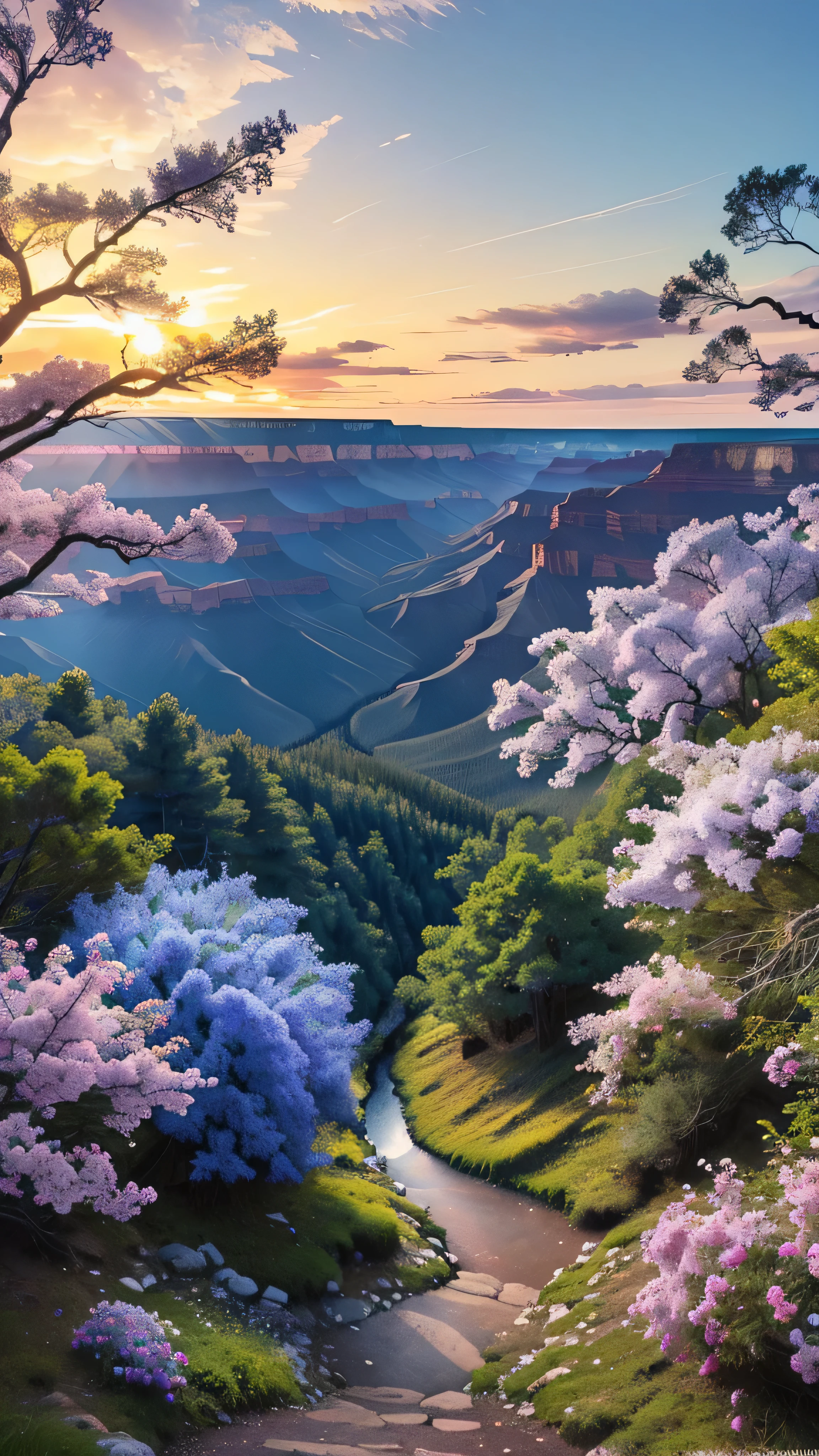  highdefinition images , Picture of a deep forest valley 、Flowers and blue trees 々A forest full of、  A mysterious forest where magical beings are hidden in the branches , 8k, （ High Quality Seven Colored Flowers  ）  a forest believed to be inhabited by fairies , Soft sunrise over the Grand Canyon。