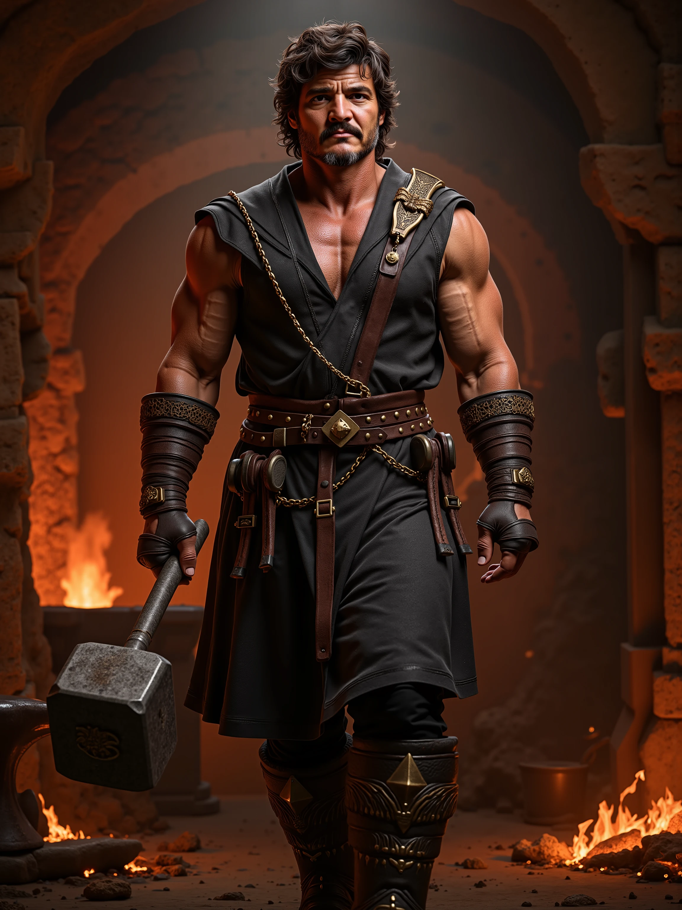 Pedro Pascal reimagined as a majestic Greek god Hephaestus walking and holding a massive blacksmith’s hammer、dramatic atmosphere, 1 male、
rugged, weathered features with deep brown eyes that reflect both warmth and determination. His dark, tousled hair is streaked with hints of silver, and a short beard frames his face. His muscular build, with strong arms and broad shoulders, shows the strength of a master craftsman, while a faint burn scar on one arm hints at years of forging.
He wears a simple yet durable leather apron over a dark, sleeveless tunic, both marked with soot and scorch marks from countless hours at the forge. Thick leather bracers, embossed with intricate designs of anvils, hammers, and flames, protect his forearms. A wide, bronze-studded belt cinches his waist, holding various tools, including chisels and small hammers. Around his neck, a heavy bronze chain with a pendant shaped like an anvil rests against his chest. In his hand, he firmly grips a massive blacksmith’s hammer, its head glowing faintly with molten energy,
, shows his male character's full figure, athletic body, perfect face, full body, extremely beautiful, god, male shape, perfect anatomy, The background showcases A fiery forge deep within a volcanic cave, with molten lava flowing through carved channels, glowing anvils, and countless crafted weapons and artifacts gleaming in the dim, smoky light., photorealistic, masterpiece, realistic, high contrast, 8k, HD, high definition detailed, detailed, hyper detailed, realistic skin texture, best quality, ultra high resolution, hyper realistic, no text, very detailed eyes, dramatic lighting